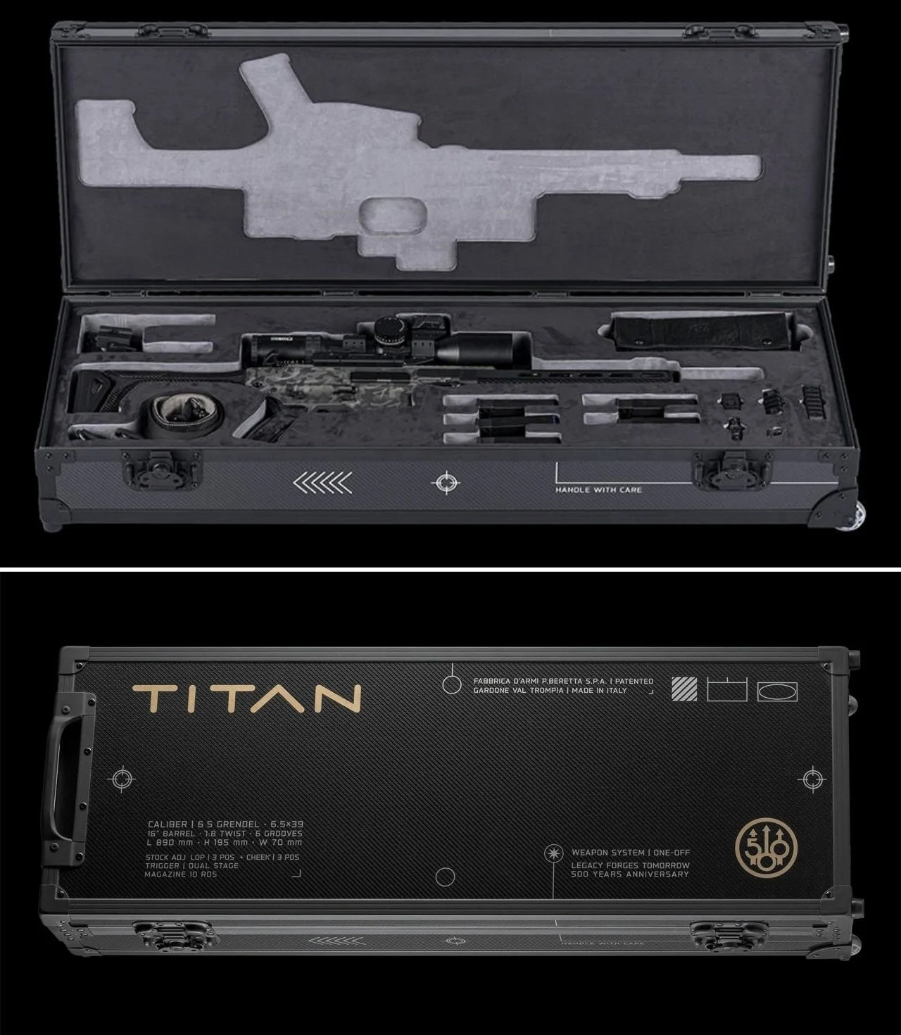 Beretta Titan custom carbon fiber rifle case shown both closed and open, displaying the French-fitted Alcantara interior with the rifle, scope, and accessories