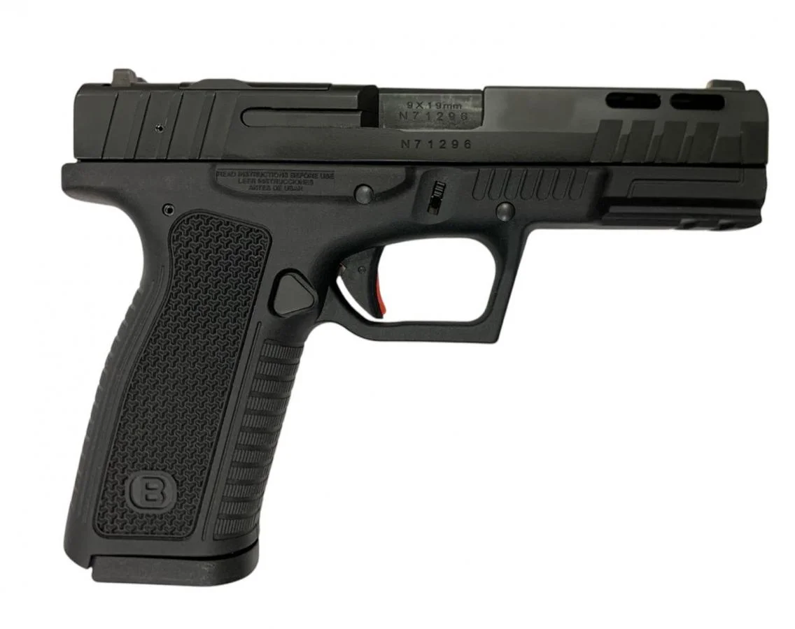 Bersa BP9 FS in black with QPQ-finished slide, polymer frame, Picatinny rail, and three-dot iron sights