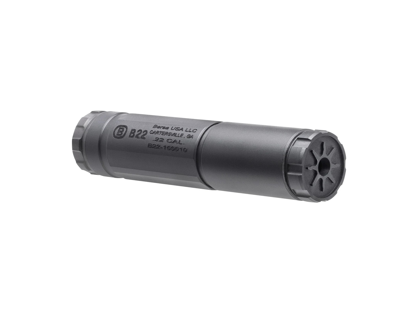 Bersa B22 suppressor in compact configuration showing the vented front end cap and the B22 roll mark
