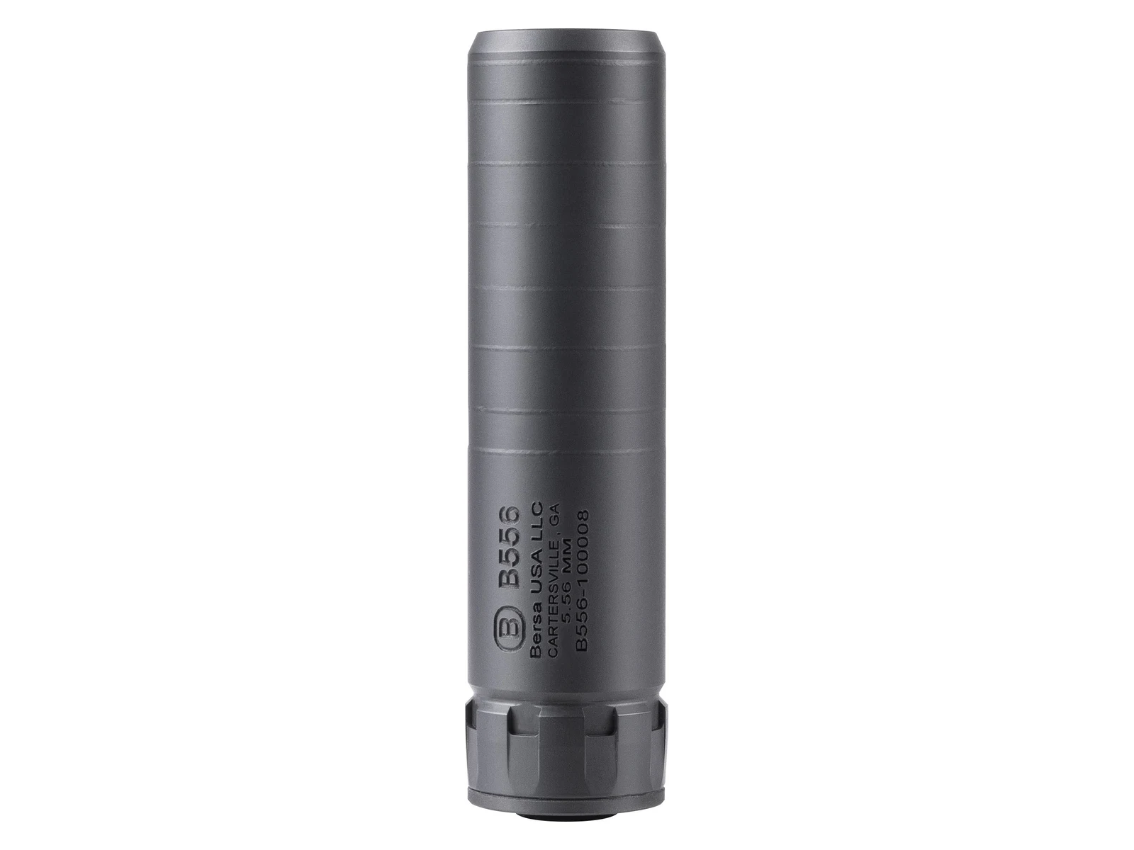 Bersa B556 suppressor showing the fluted body, the B556 roll mark, and the toothed rear mount