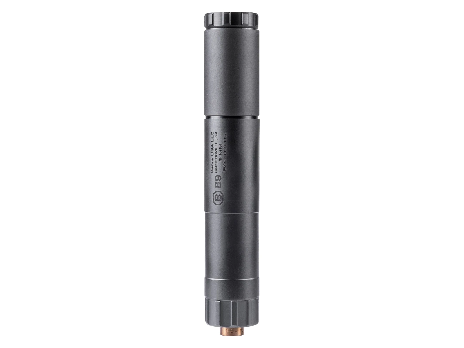Bersa B9 suppressor in the full-size configuration showing the modular joint between sections and the brass piston at the rear