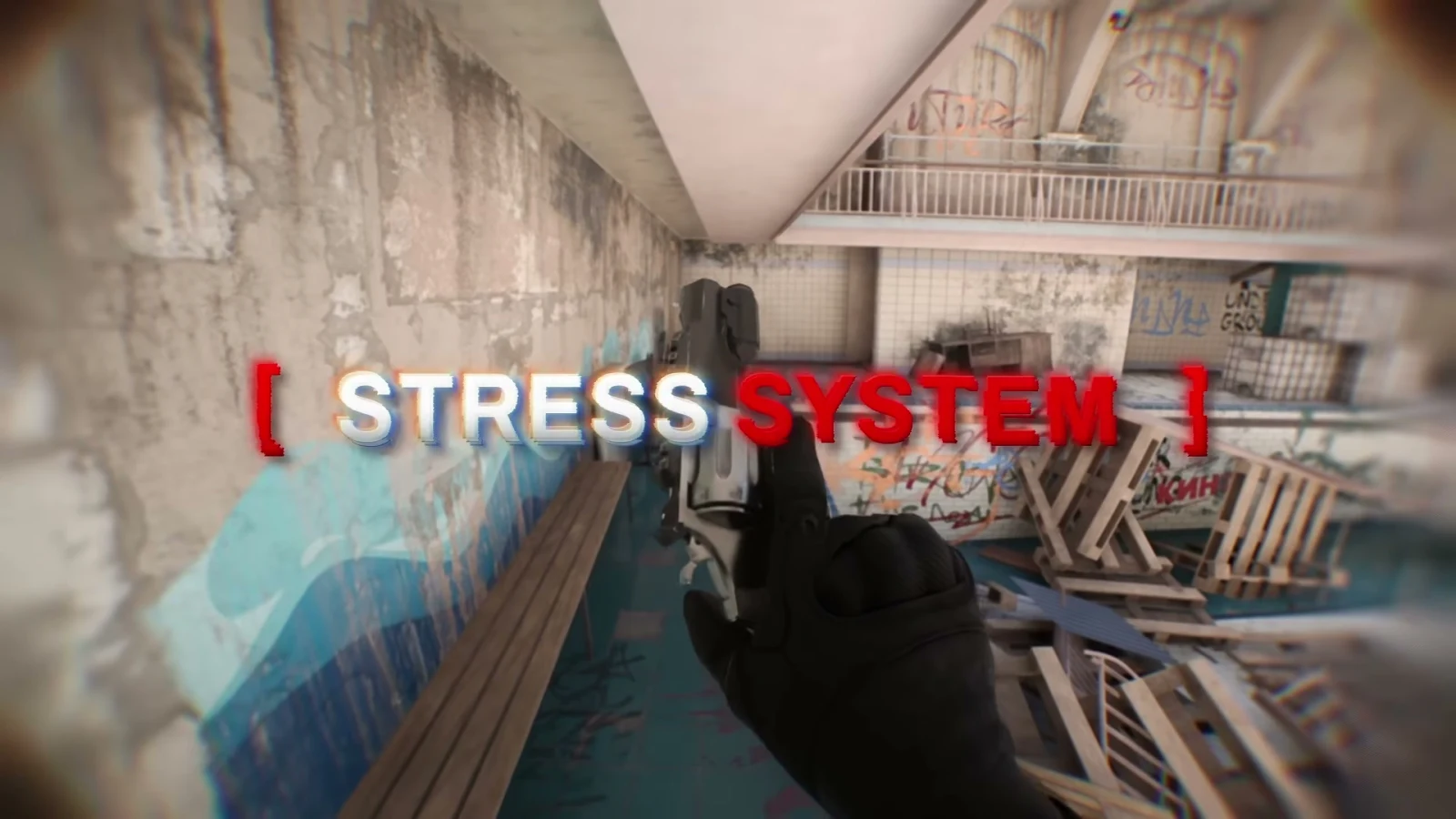 Bodycam stress-system demonstration showing a pistol held in shaking gloved hands