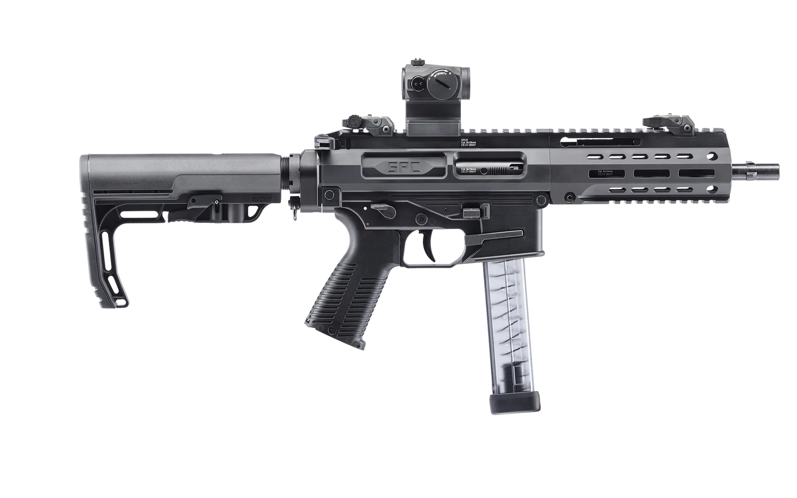 B&T SPC9 9mm carbine with red dot sight, folding backup sights, and extended translucent magazine