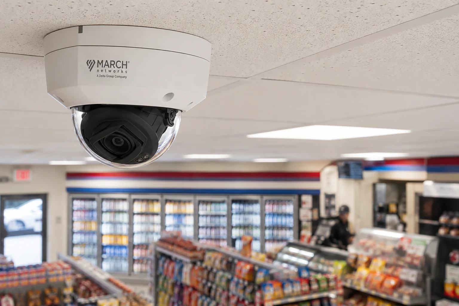 A permanently mounted white dome surveillance camera on a retail store ceiling