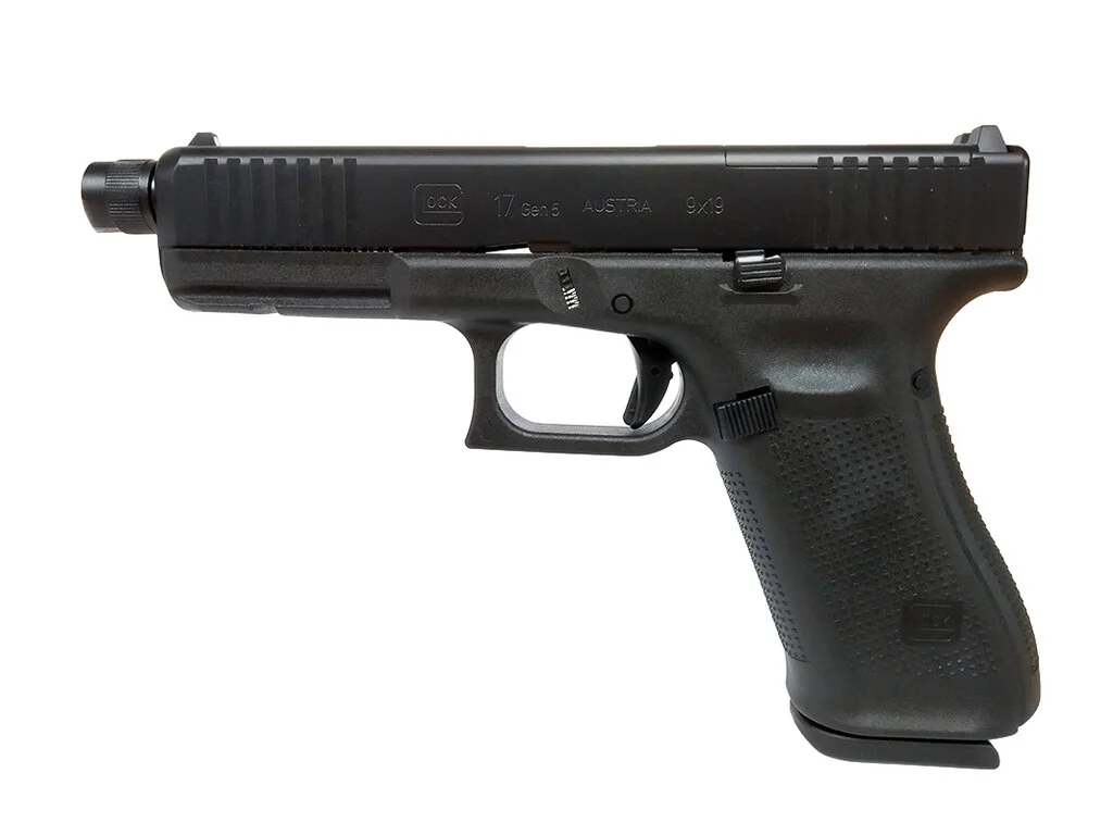 Left side profile of a black Glock 17 Gen5 MOS pistol with a threaded barrel on a white background, slide marked 17 Gen.5 AUSTRIA 9x19