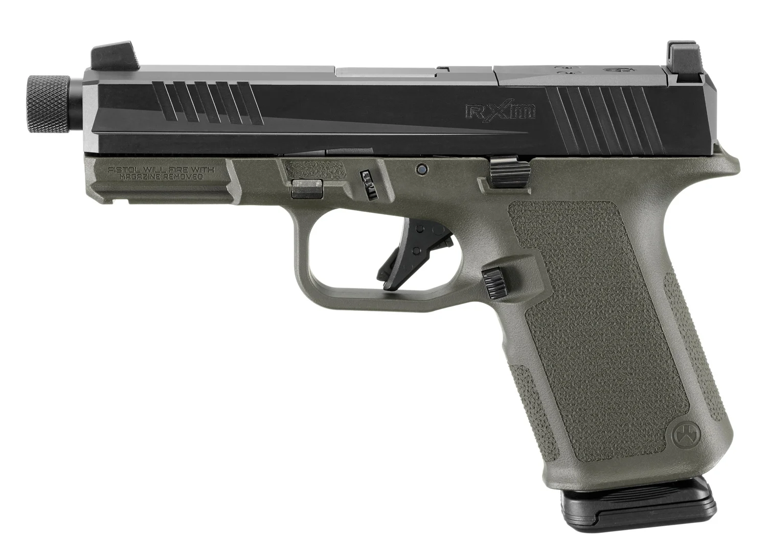 Right side profile of a Ruger RXM pistol with a black threaded-barrel slide and an OD green Magpul polymer grip module