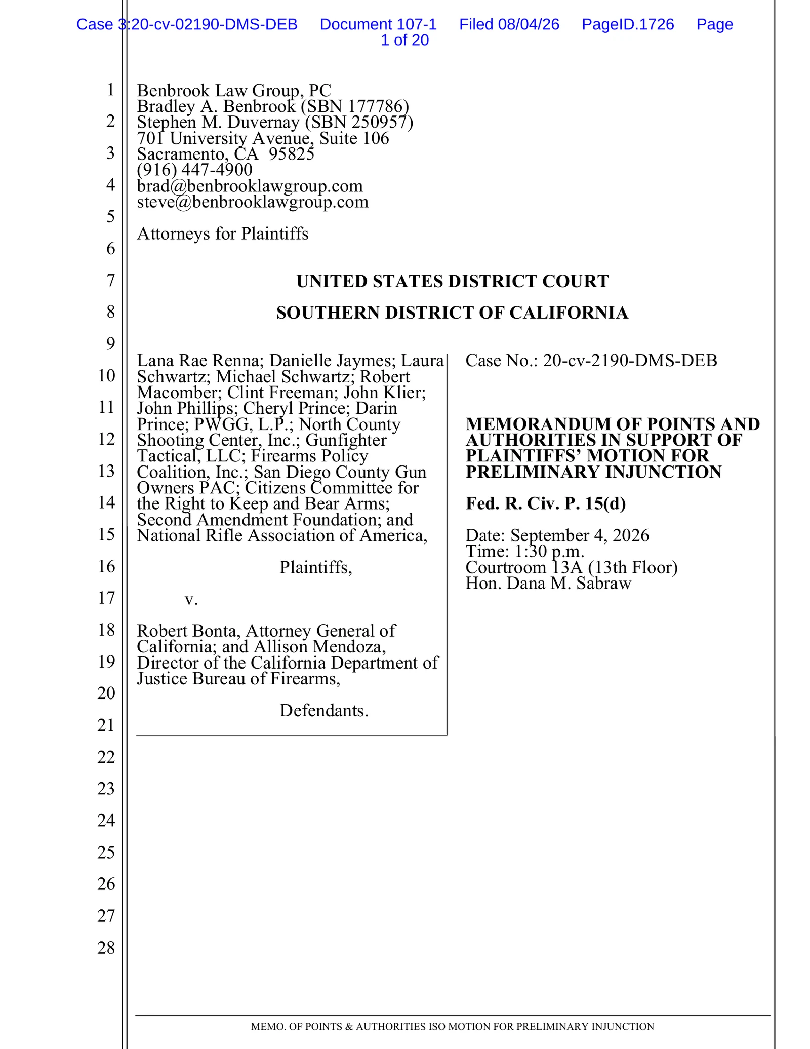 First page of the August 4, 2026 memorandum of points and authorities supporting the motion for preliminary injunction in Renna v. Bonta, Case 3:20-cv-02190-DMS-DEB, listing the September 4, 2026 hearing date before Judge Dana M. Sabraw