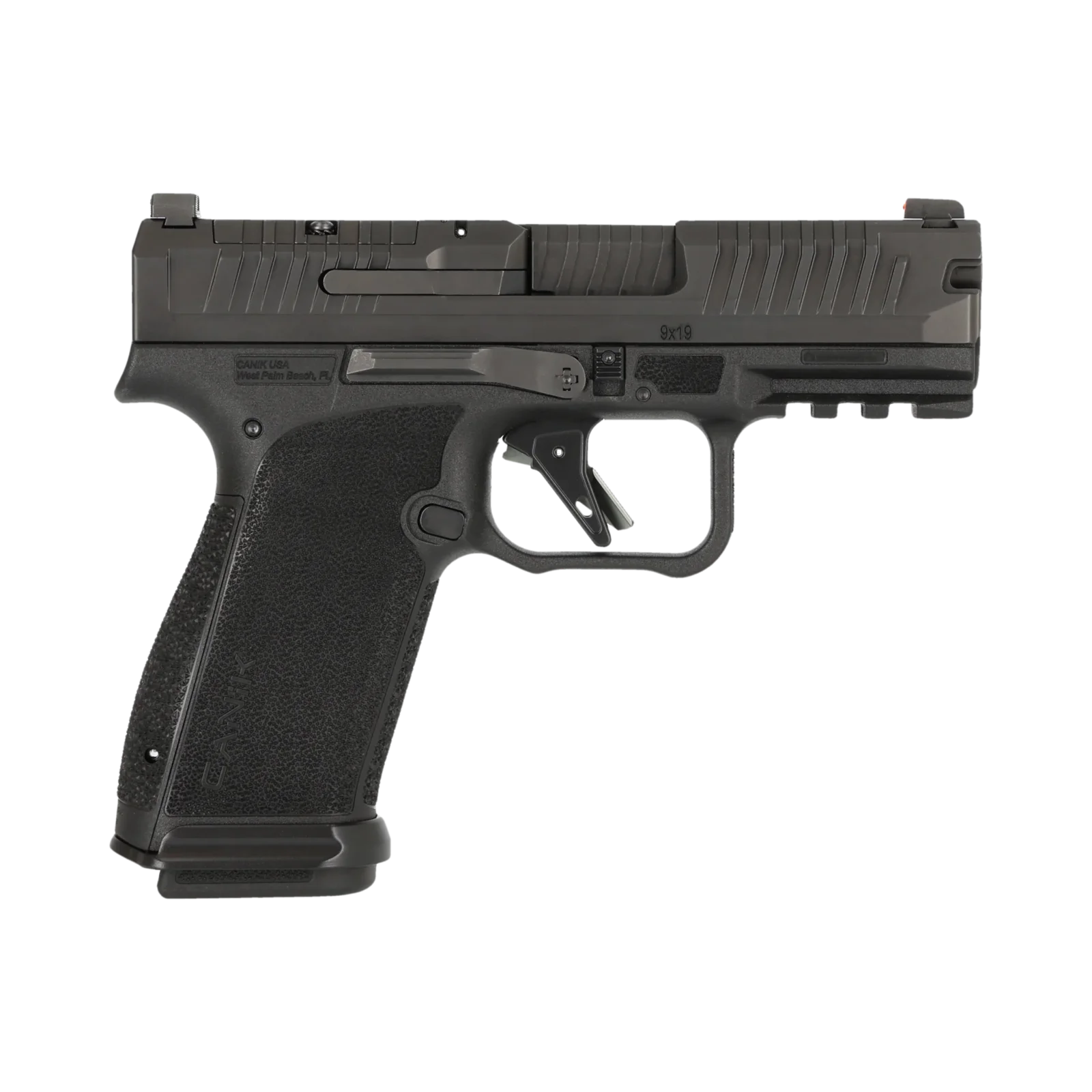 Canik METE MC9 Prime NC right side profile showing the non-compensated slide, flat-face trigger, and optic-ready cut