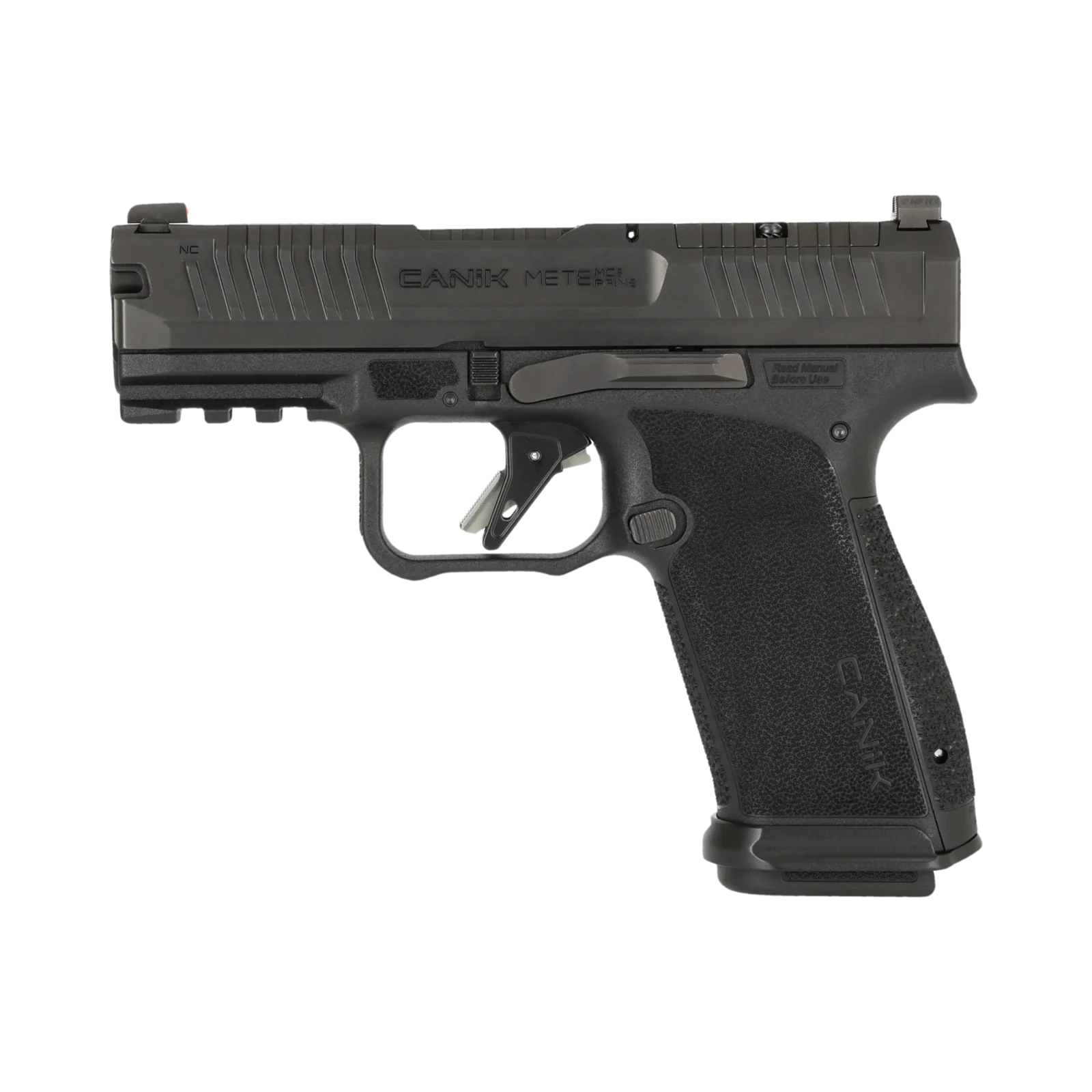Canik METE MC9 Prime NC left side profile showing deep cocking serrations, expanded grip texture, and Night Fision tritium sights