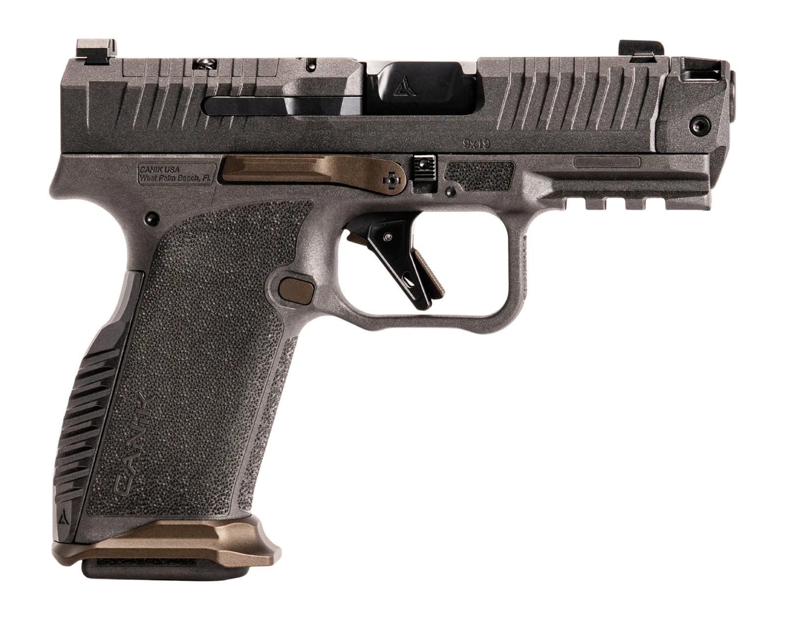 CANiK Prime Radian 9mm micro-compact pistol showing the Radian AFTERBURNER compensator and bronze controls on a black background