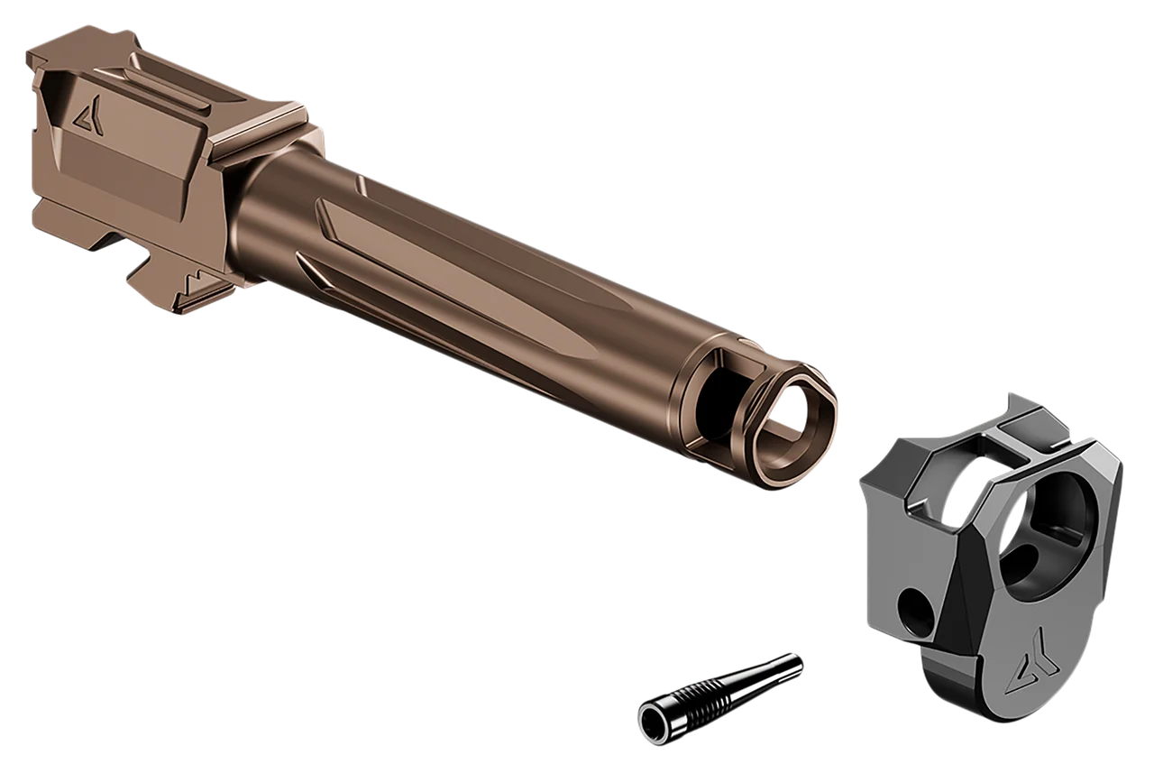 Radian Weapons RAMJET fluted bronze barrel and AFTERBURNER compensator shown in an exploded view with the INTRA-LOK pin against a black background