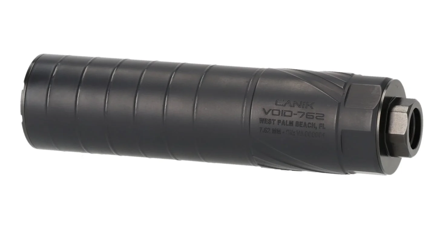 Canik VOID-762 suppressor profile view showing the welded 17-4 stainless tube and HUB-compatible rear thread