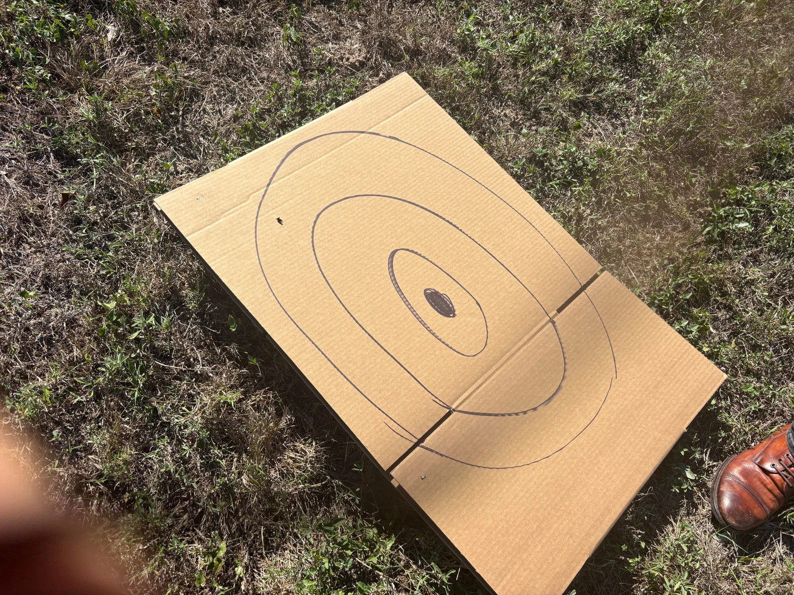 Hand-drawn cardboard target lying on grass with a single bullet hole in its upper left area, outside the target rings