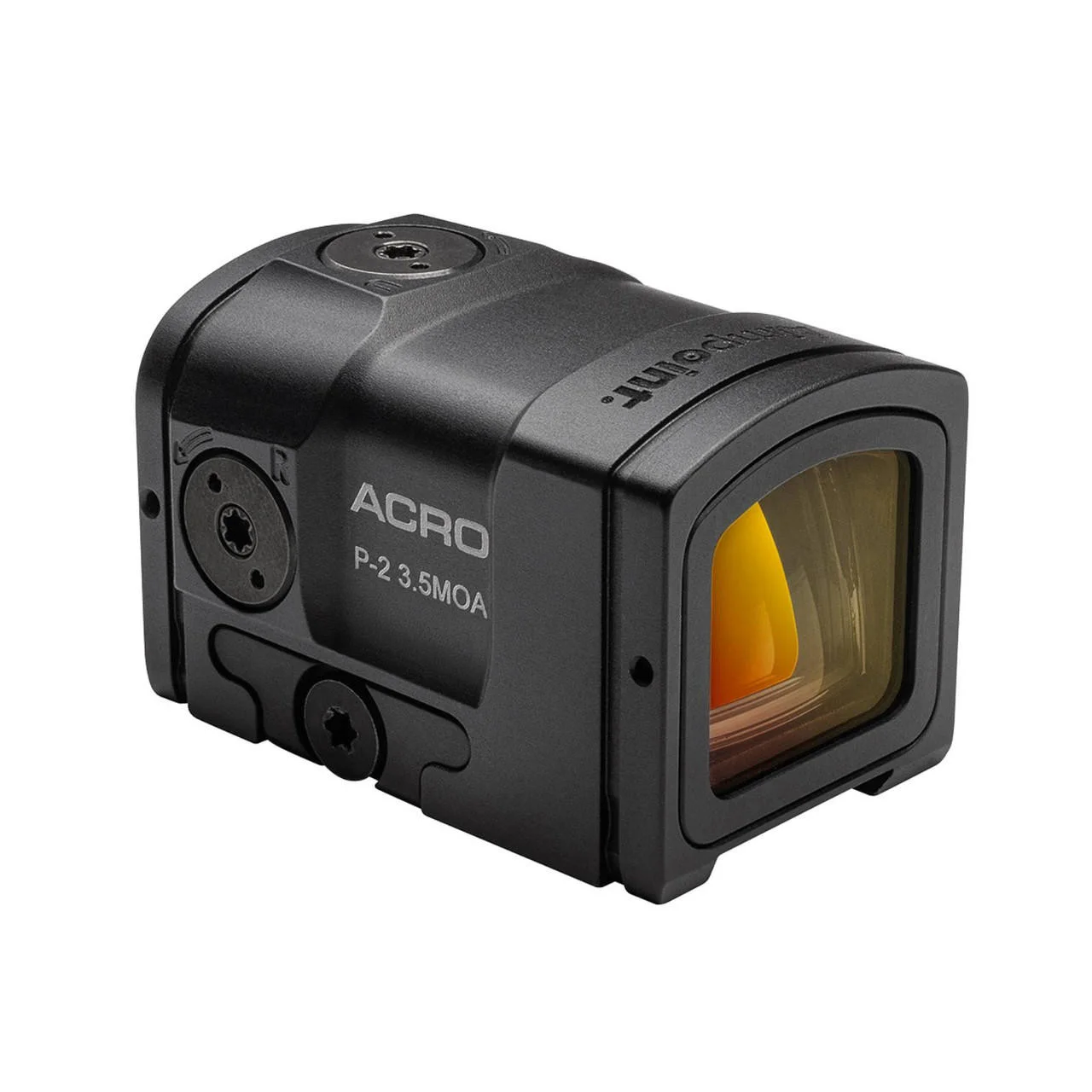 Aimpoint ACRO P-2 enclosed emitter red dot sight shown alone, with the sealed rectangular housing, closed optical tube, and capped windage and elevation turrets visible