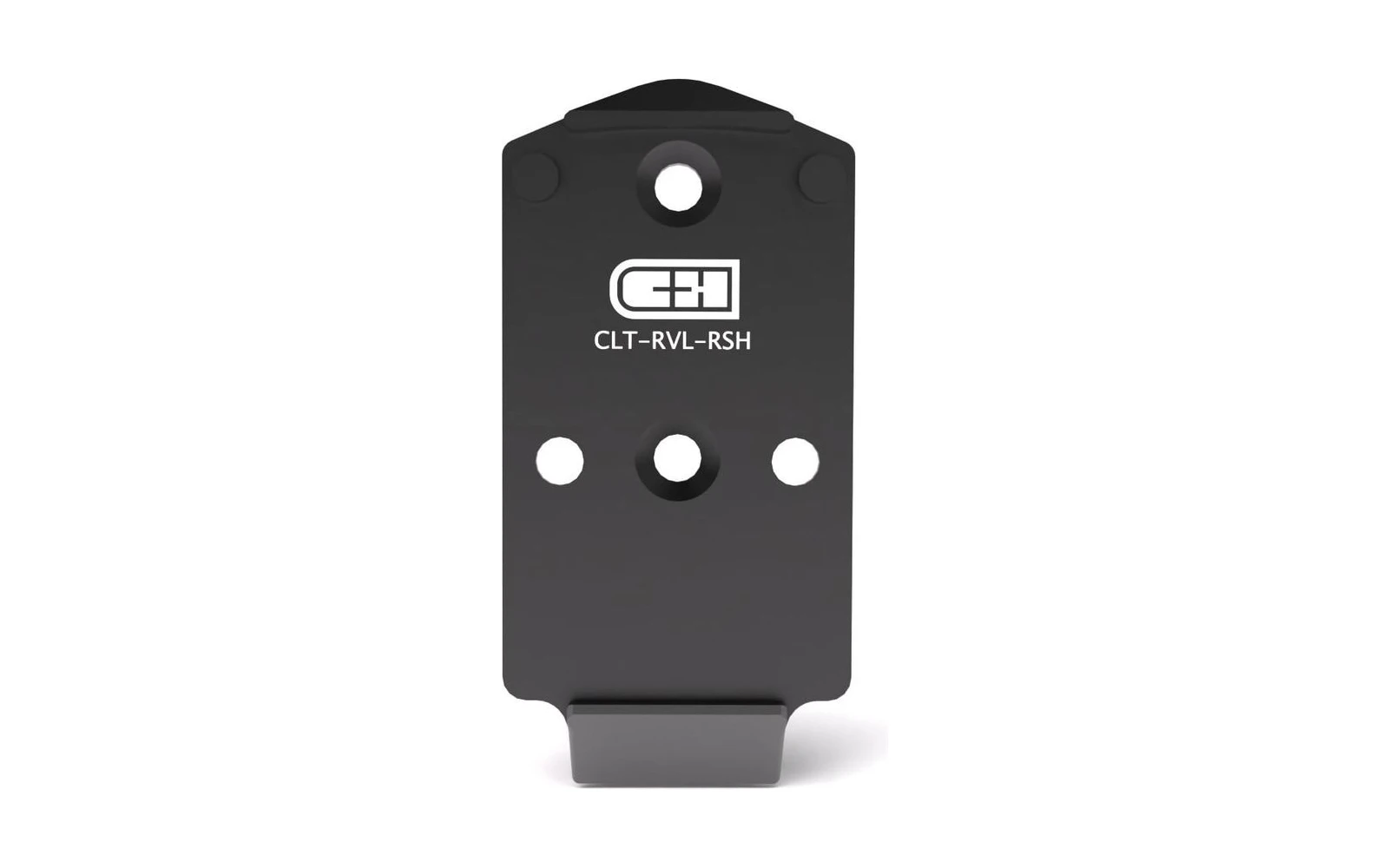 C&H Precision CLT-RVL-RSH adapter plate shown face-on, rollmarked with the part number, showing the upper fastener hole, two raised bosses, a pair of optic screw holes, and a tab along the bottom edge
