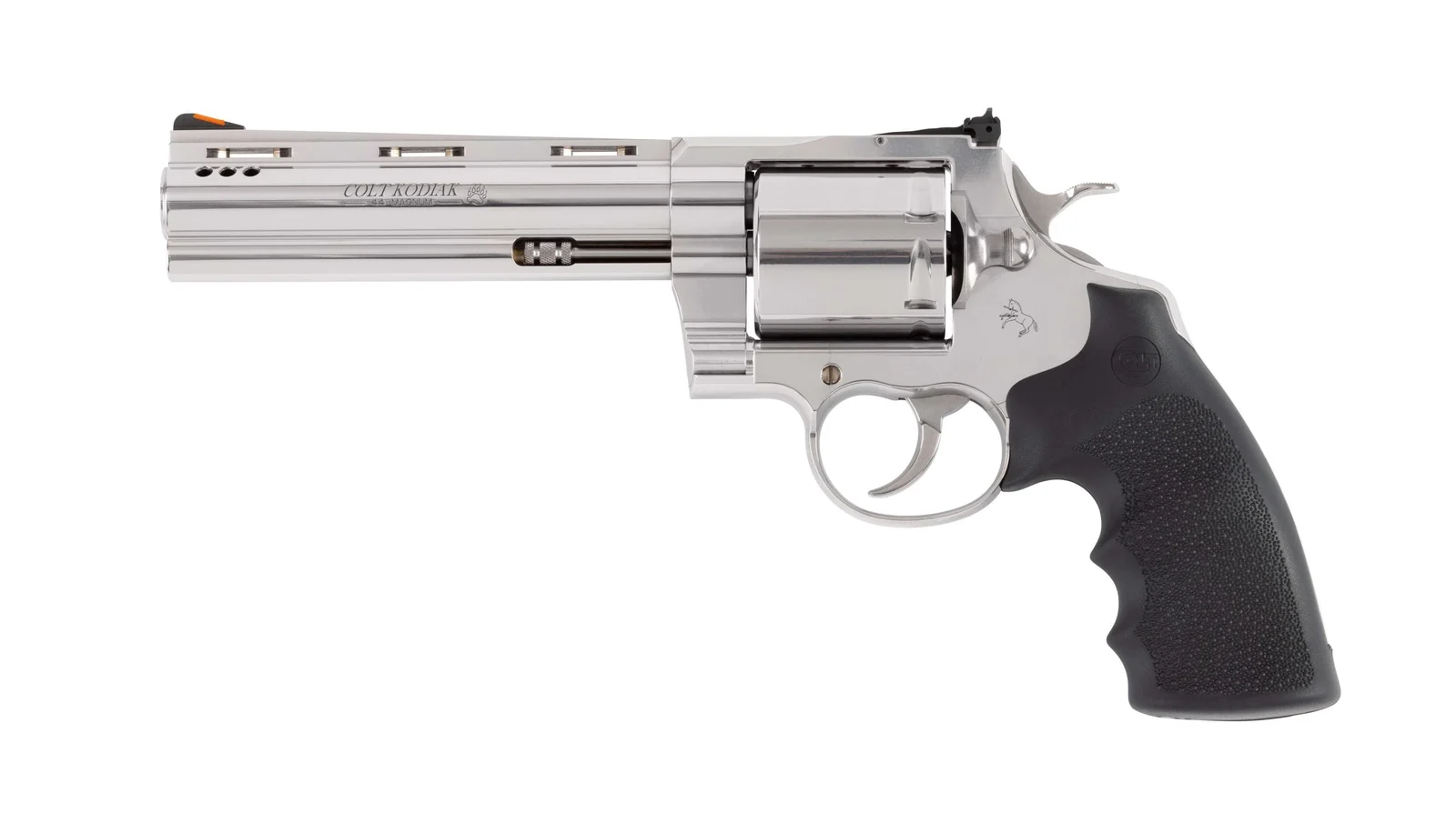 Colt Kodiak .44 Magnum revolver in polished stainless, left side, showing three barrel ports near the muzzle, a ventilated rib, an unfluted cylinder, an adjustable rear sight on the top strap, and black Hogue rubber grips