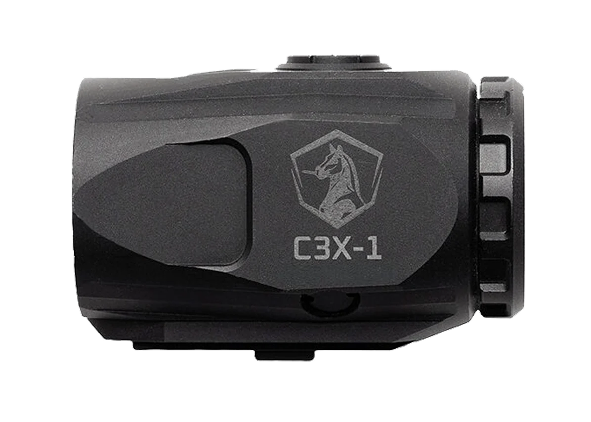 Colt C3X-1 3x magnifier on an ambidextrous flip-to-side mount with adjustable diopter and included riser plate