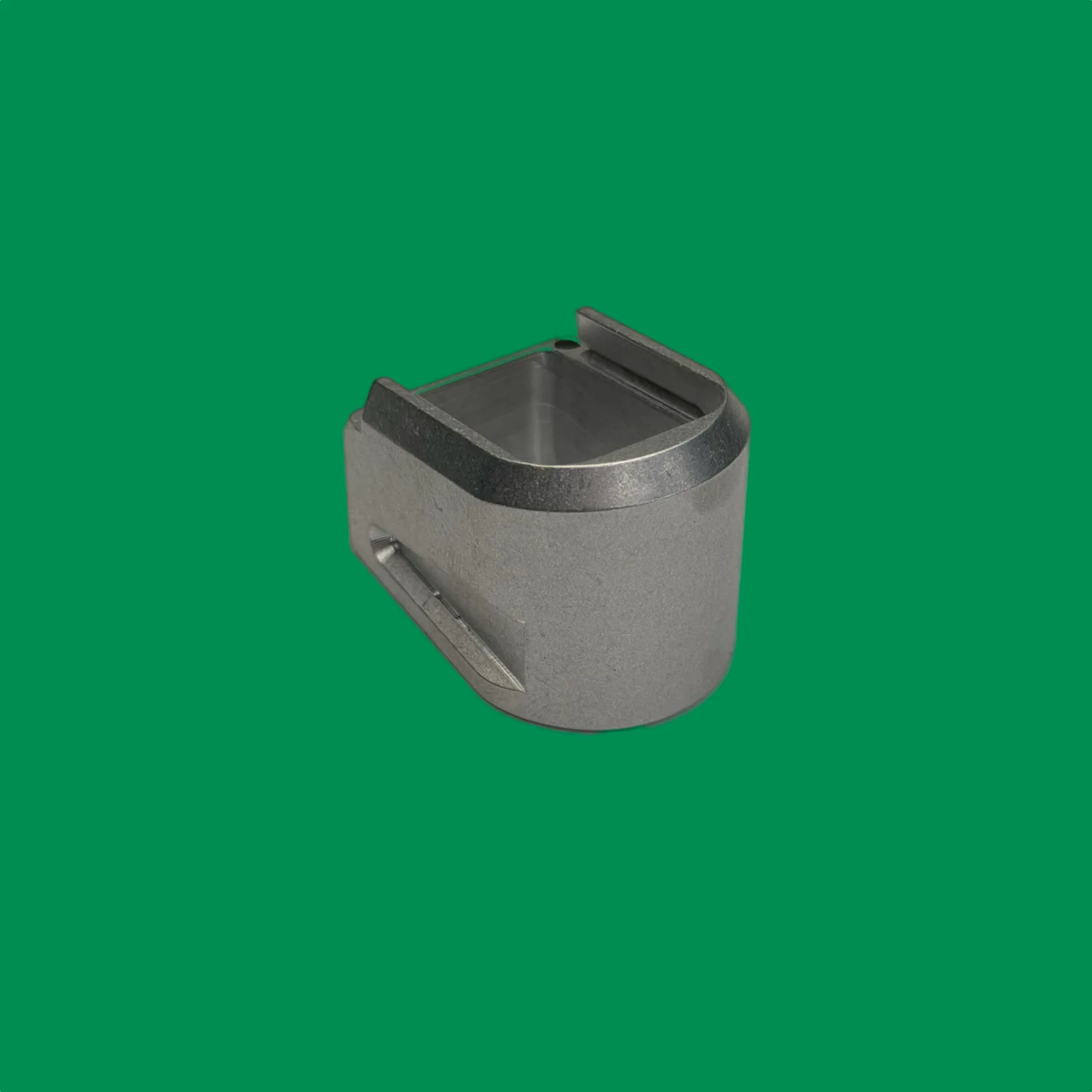 Cascade Range Systems P226 Comp Basepad in raw aluminum, showing the angled rear ledge used to strip a stuck magazine