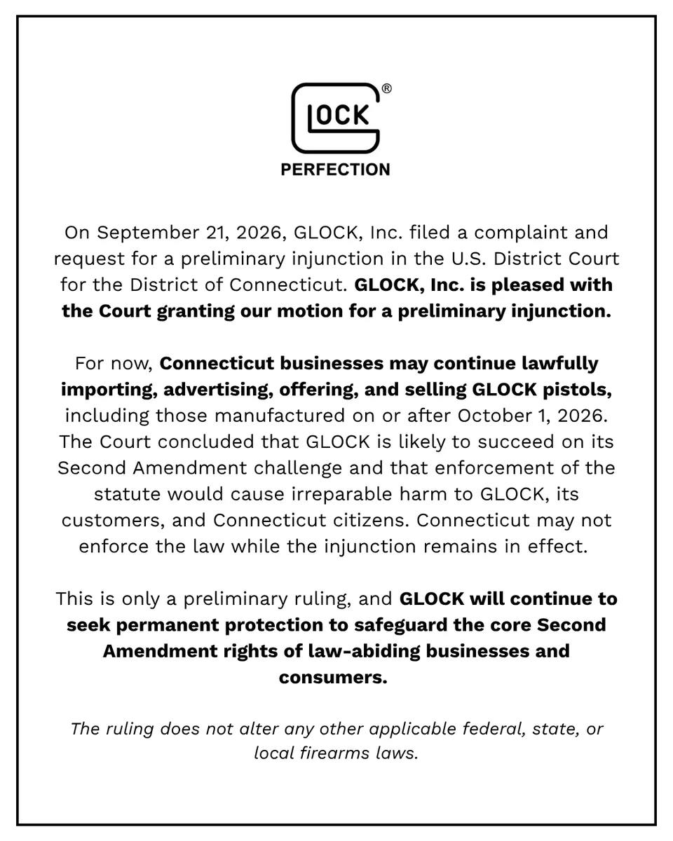 Glock's October 1, 2026 statement announcing the Connecticut preliminary injunction