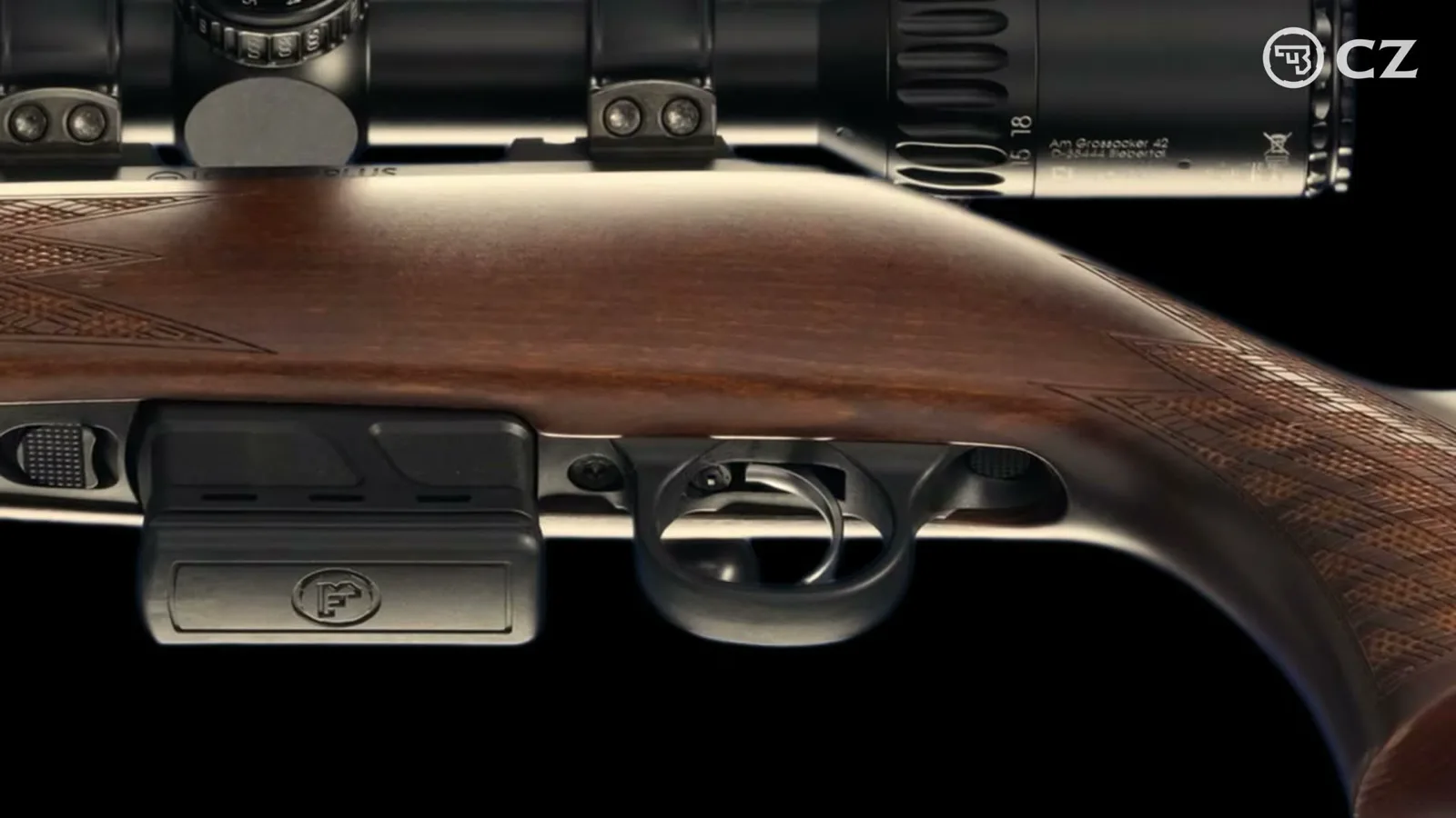 CZ 600+ Carbine held at full length showing the beechwood stock, 18.5-inch barrel, iron sights, and mounted scope