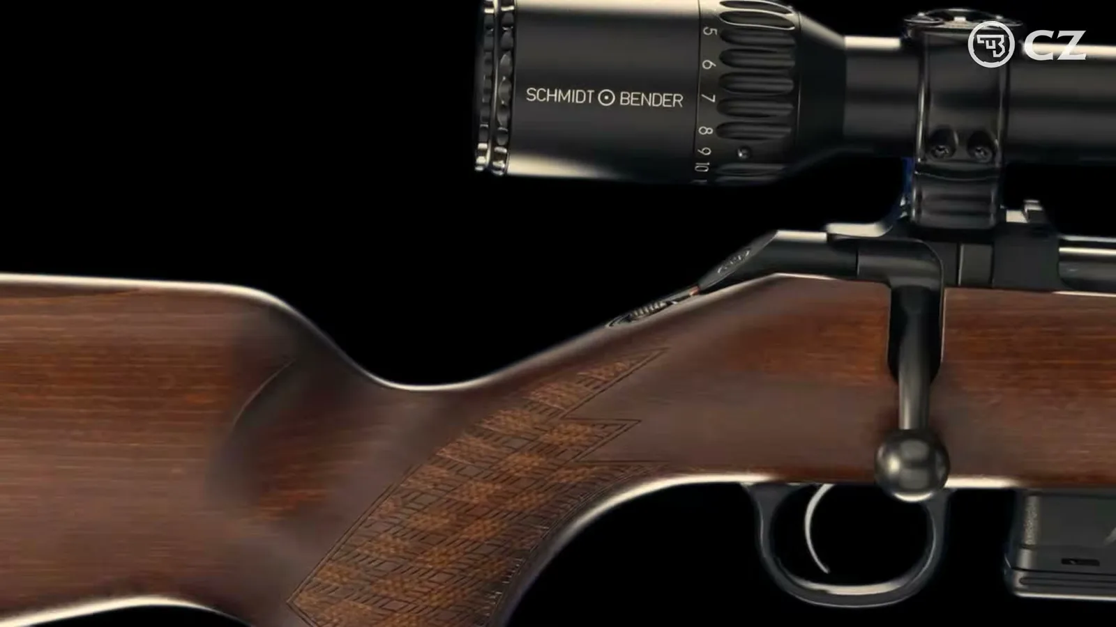 Detail of the CZ 600+ Carbine beechwood stock checkering, bolt handle, and mounted Schmidt Bender scope