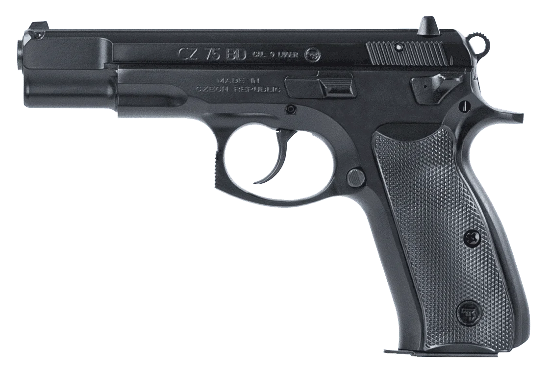 CZ 75 BD full-size 9mm pistol, left profile, showing the decocking lever and all-steel frame
