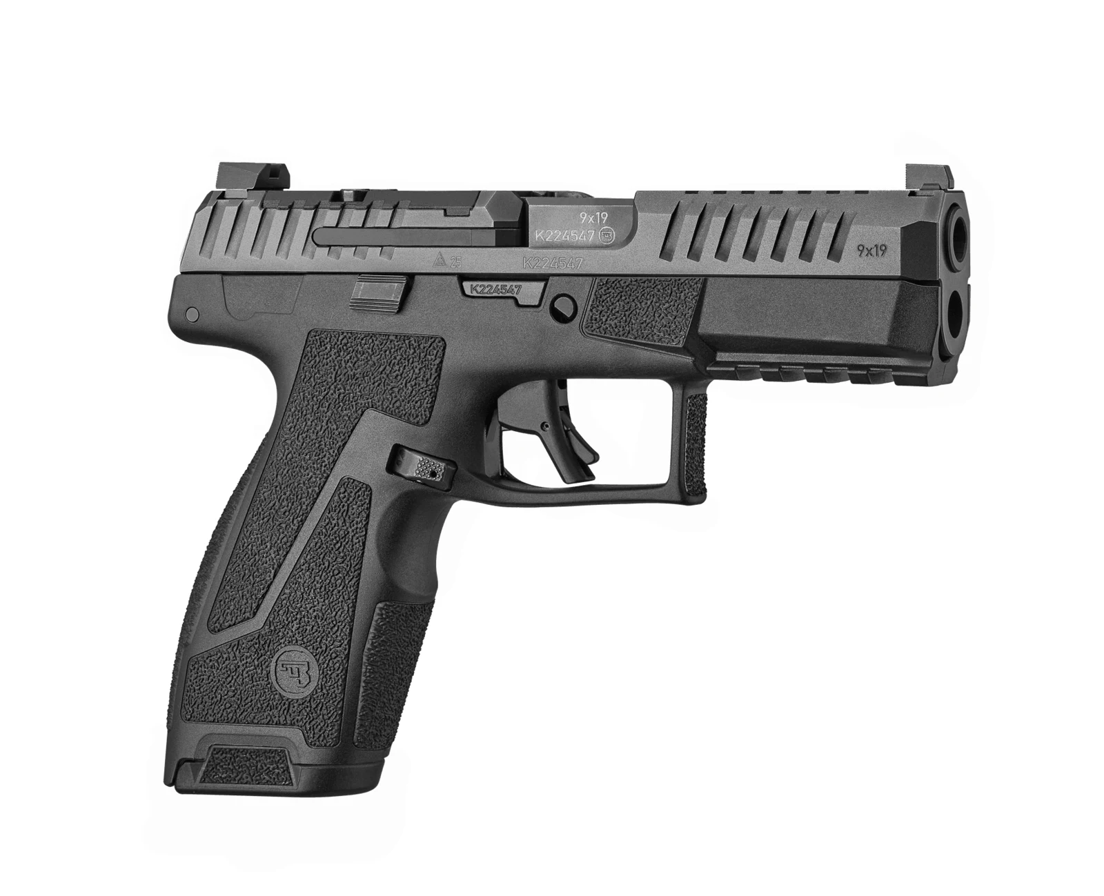 CZ Duty 4 inch Full pistol right side profile showing the optic-ready slide, ambidextrous slide stop, textured grip module, and accessory rail