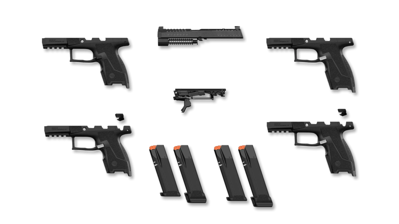 CZ Duty components laid out: grip modules, the slide, the serialized fire control chassis, and four magazines