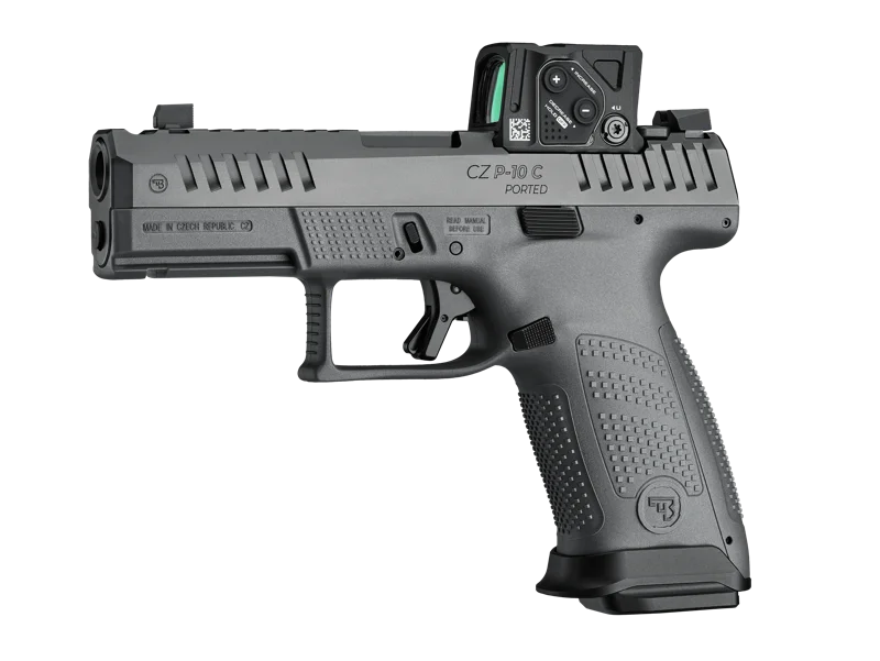 CZ P-10 C Ported COA left profile showing Aimpoint COA, ported barrel, extended serrations, and Nocturne-style sights