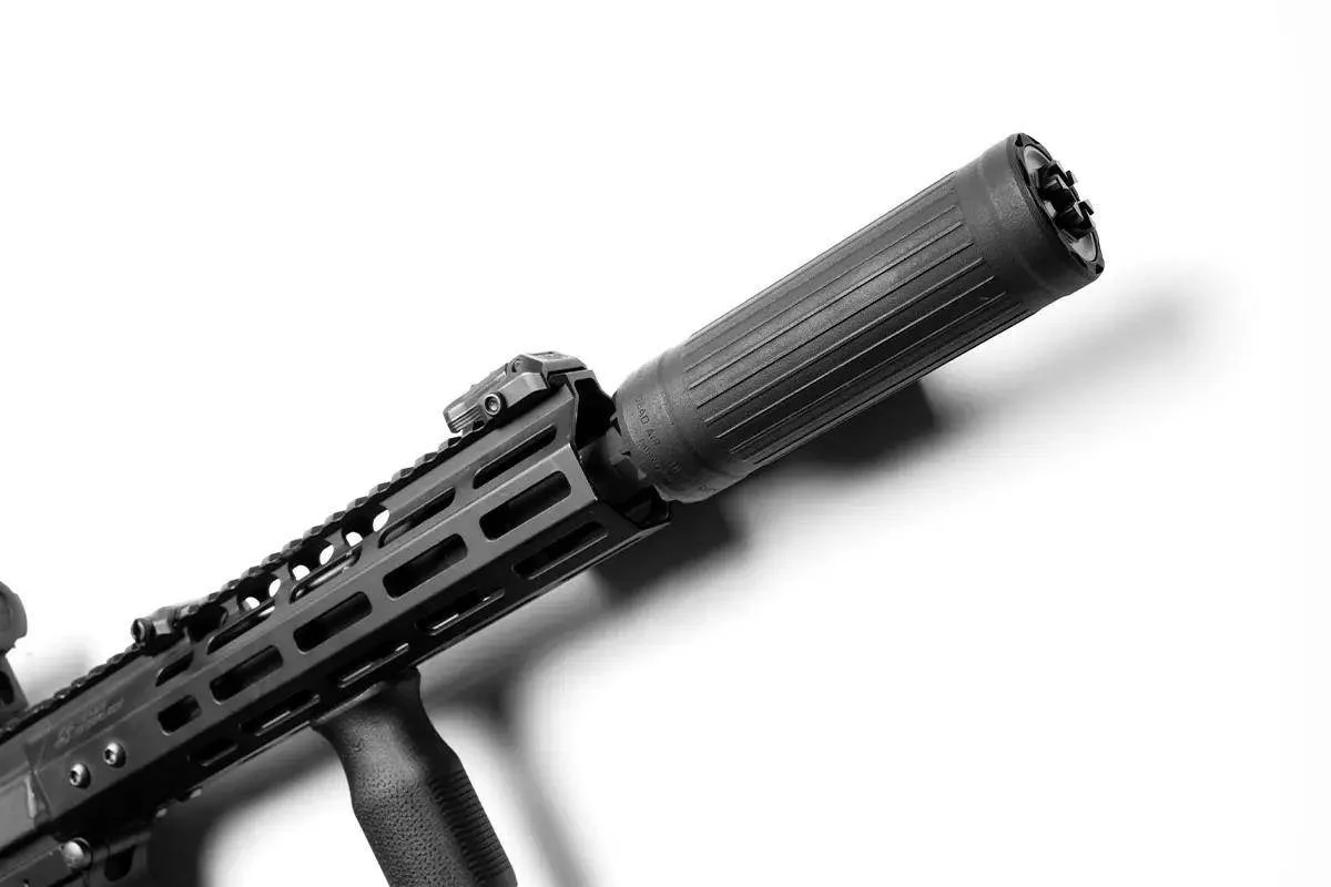 Dead Air CT5P Patrol suppressor mounted on an AR-15 showing ridged exterior