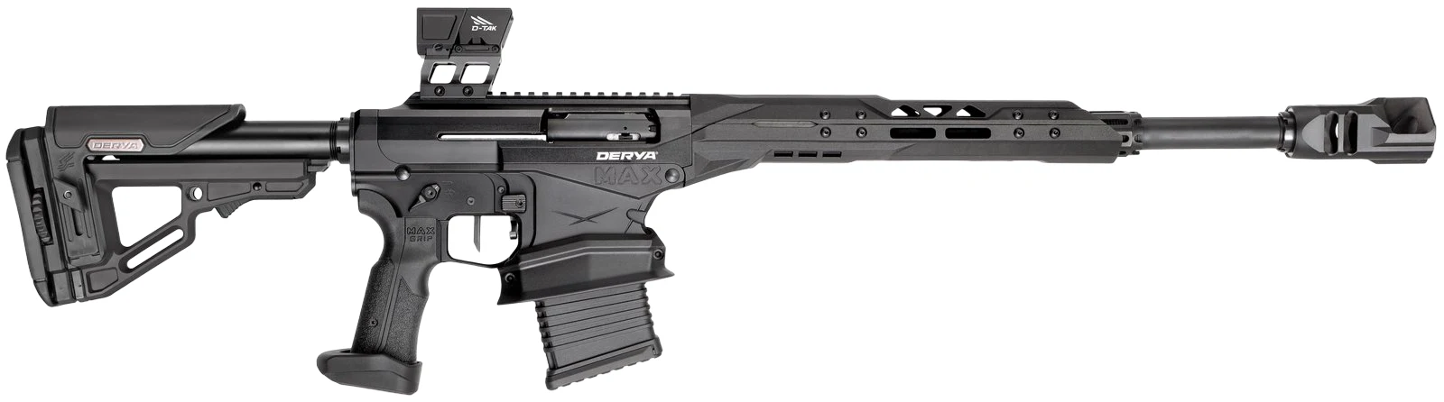Right profile of the Factory Exclusive Derya MAX 20-inch configuration with a D-TAK red dot mounted on the full-length Picatinny rail