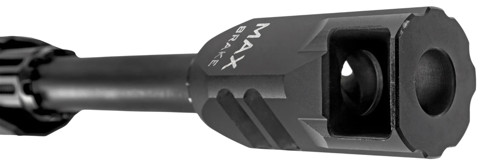 Close-up of the Derya MAX Brake progressive muzzle brake installed on the threaded barrel, showing the port geometry and MAX BRAKE marking