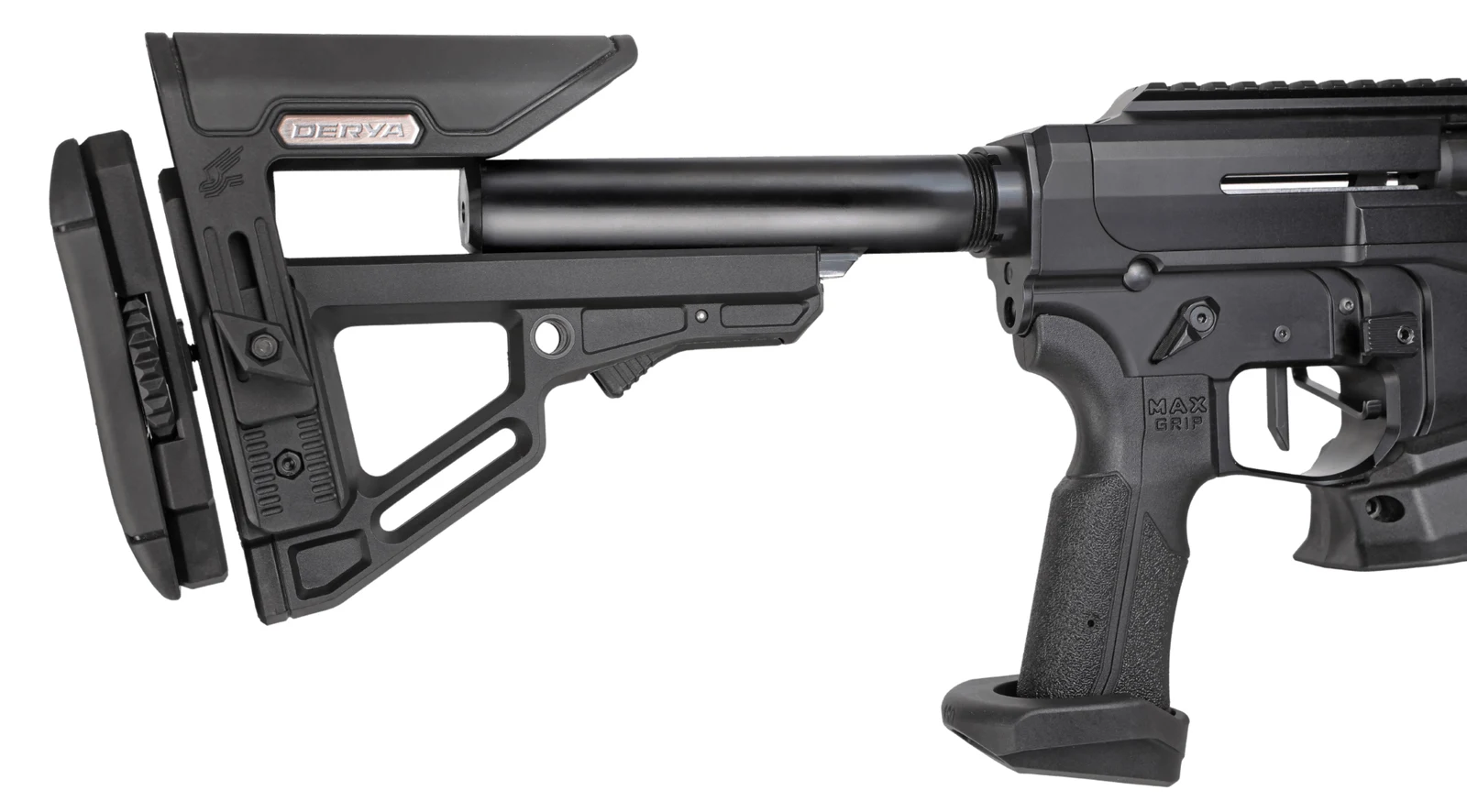 Close-up of the Derya MAX adaptive adjustable stock, buffer tube, ambidextrous safety, and MAX GRIP AR-adaptable pistol grip