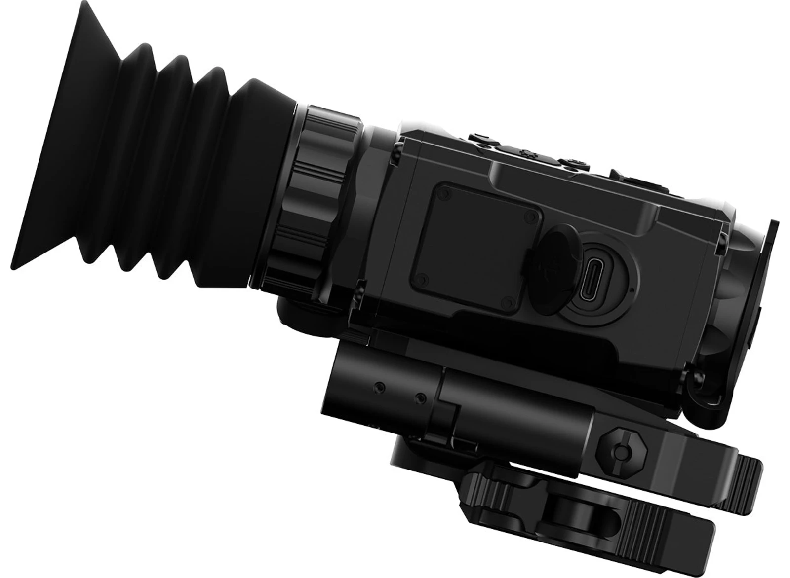 Studio product photo of the DNT HYDRA-Mini HS210M with its eyecup attached and the QDF193 dual quick-detach flip-to-side mount fitted underneath