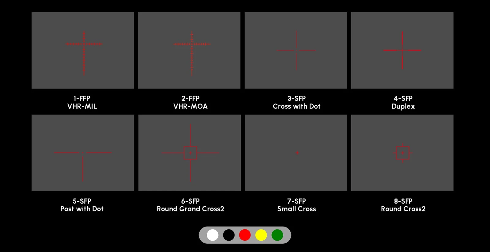 Chart of the eight HYDRA-Mini HS210M reticle styles including FFP VHR-MIL, FFP VHR-MOA, cross with dot, duplex, post with dot, round grand cross, small cross, and round cross, with the five selectable reticle colors below