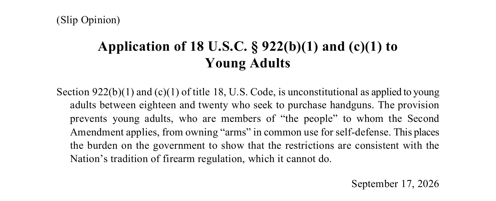 Opening summary of the September 17, 2026 OLC opinion on handgun purchases by young adults