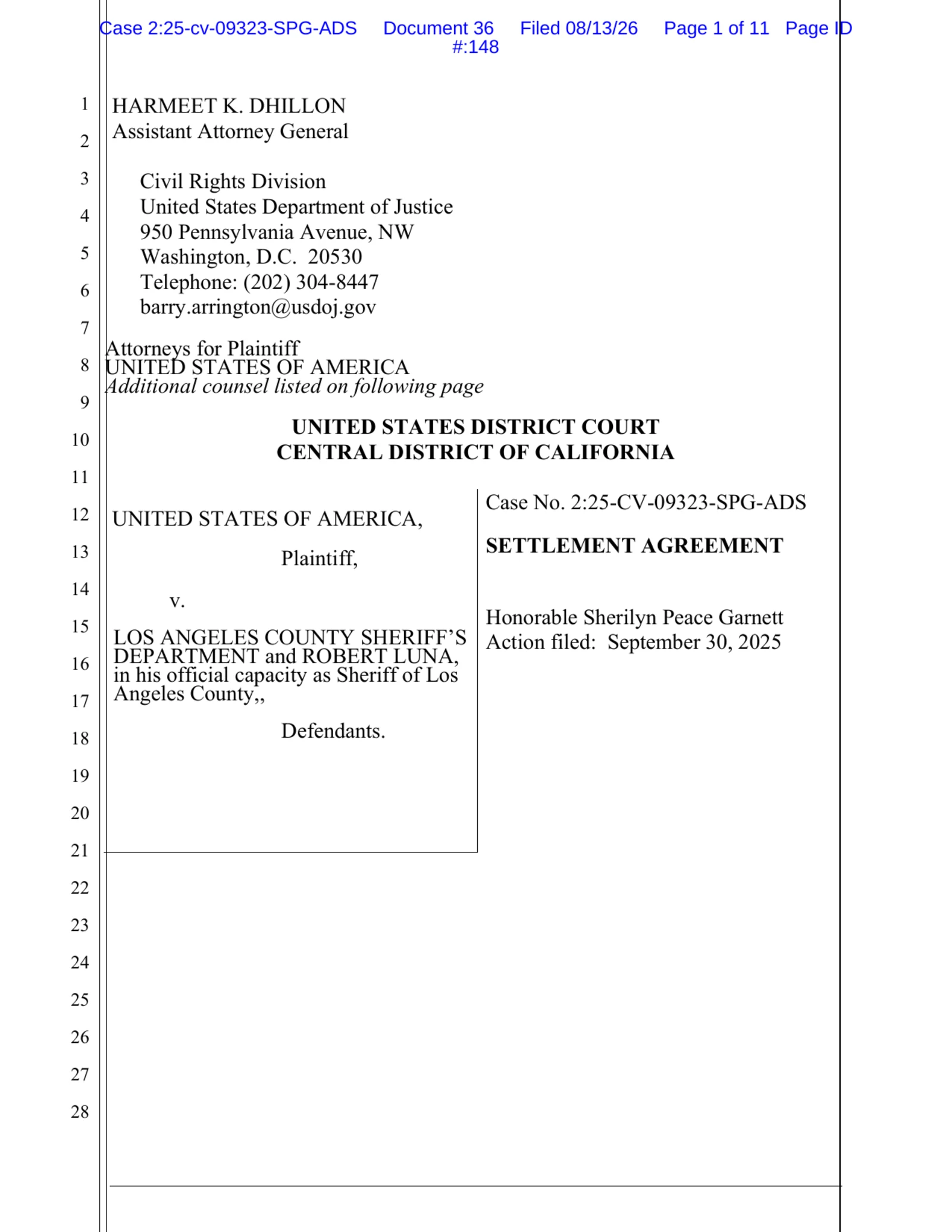 First page of the settlement agreement in United States v. Los Angeles County Sheriff's Department, Case 2:25-cv-09323-SPG-ADS, filed August 13, 2026 in the Central District of California