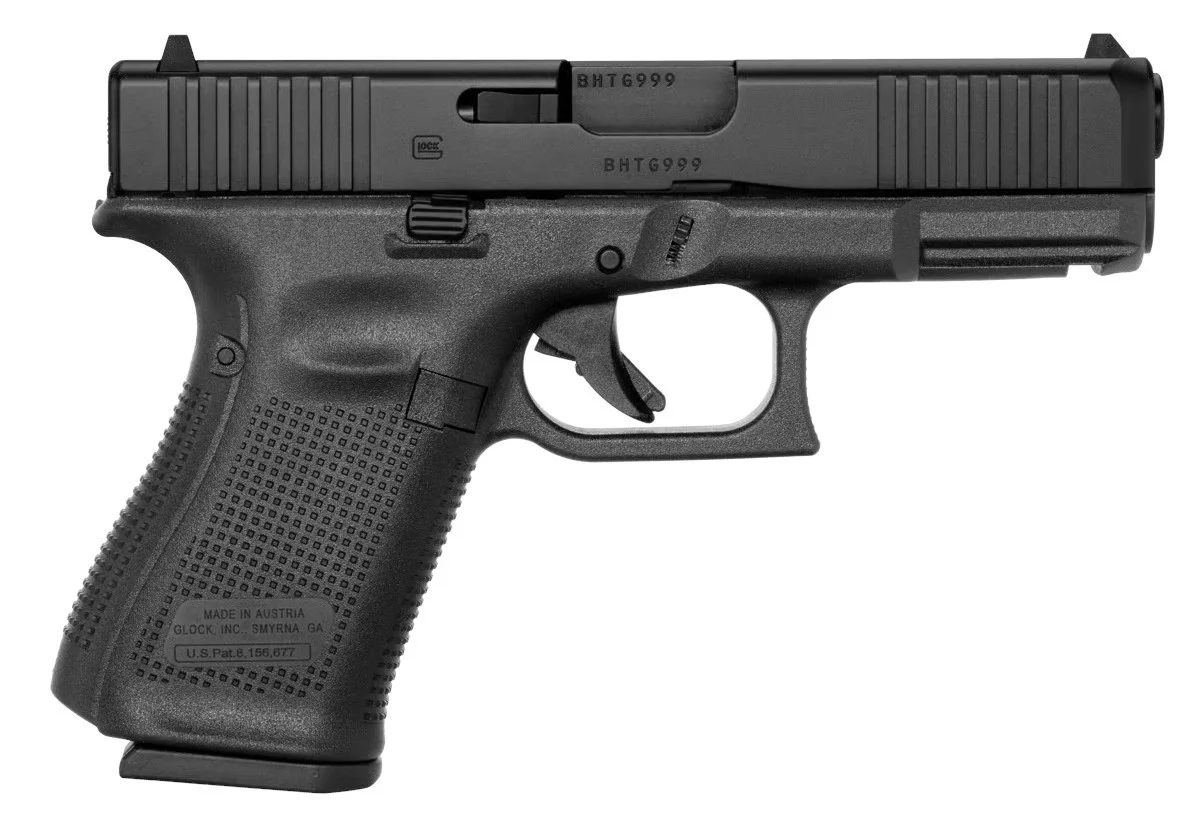 A Glock 19 Gen5 pistol shown from the side against a light background.