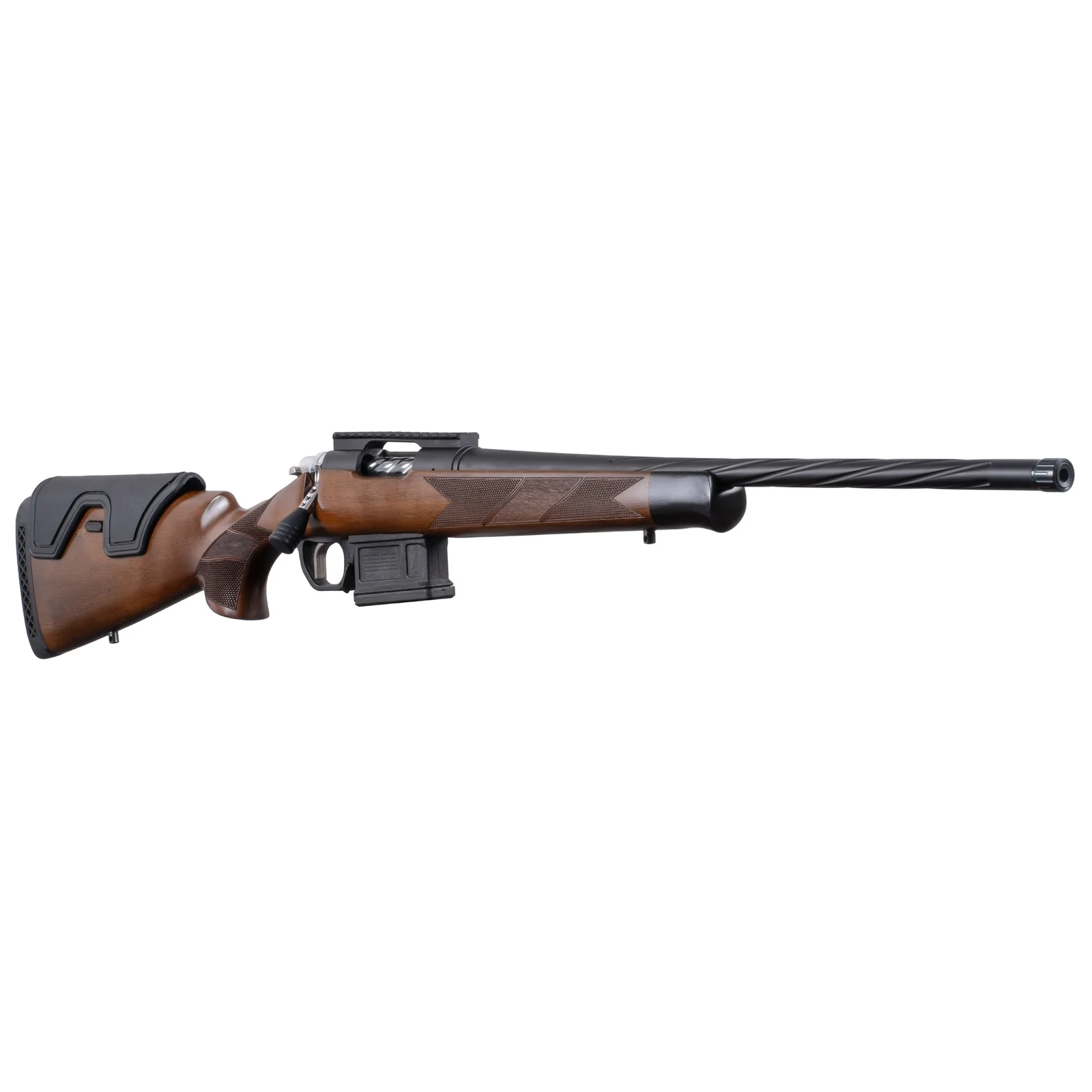 EAA Balikli BLK receiver and bolt detail showing fluted bolt, Picatinny rail, and walnut stock