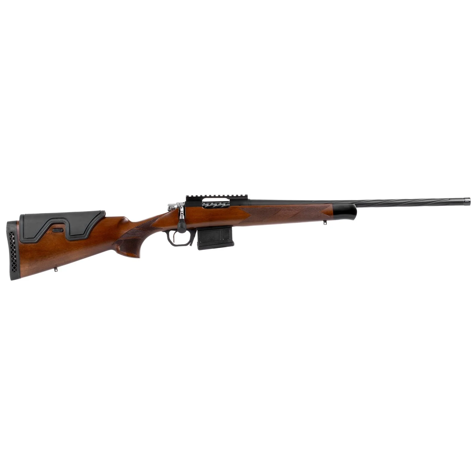 EAA Balikli BLK bolt-action rifle profile view with Turkish walnut stock, fluted threaded barrel, detachable magazine, and factory Picatinny rail