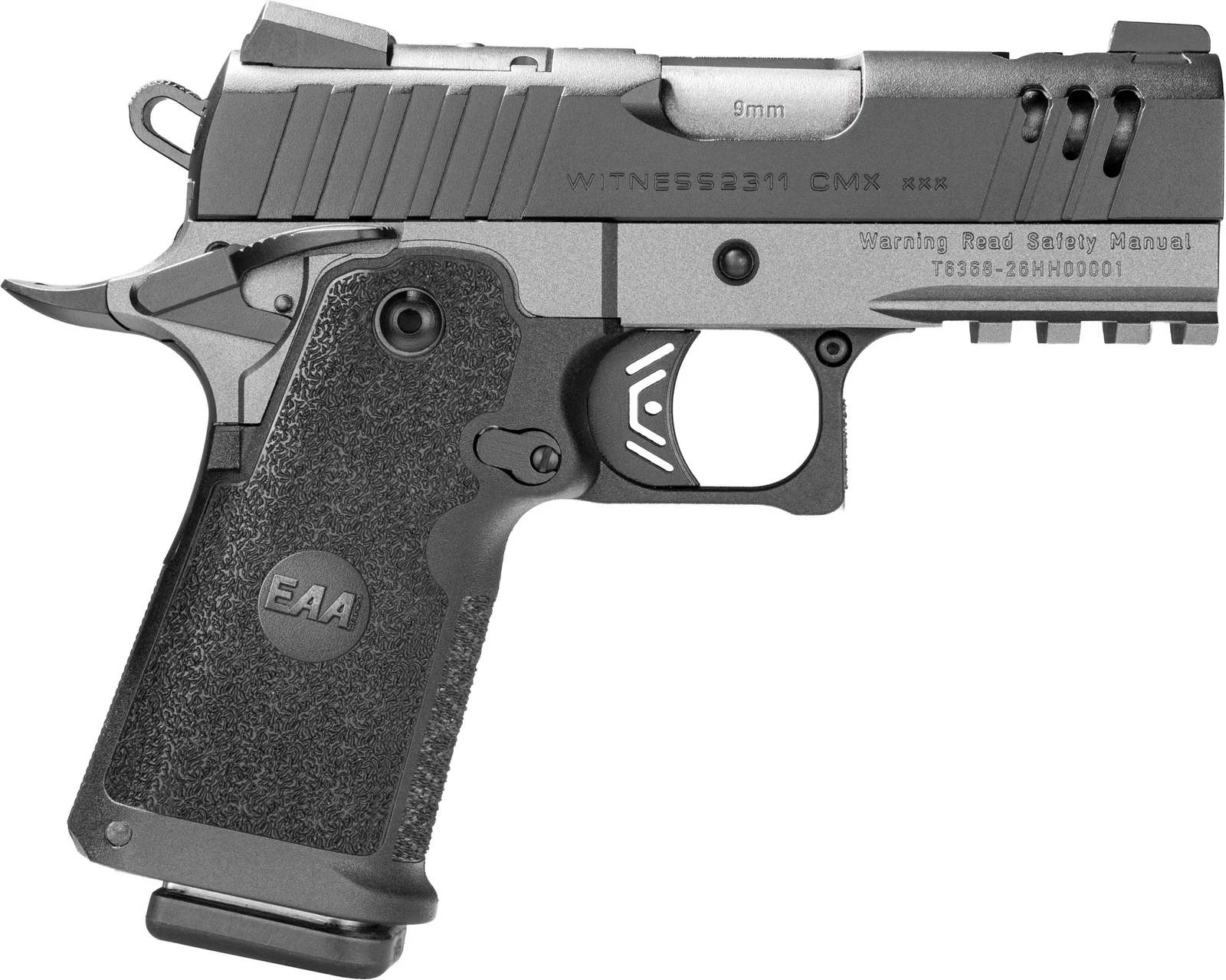 Left side profile of the EAA Girsan Witness2311 CMX XXX in two-tone black and tungsten Cerakote showing the solid tang, the lightening cuts in the slide, and the slide marked WITNESS2311 CMX XXX