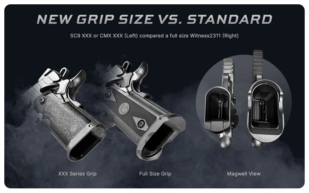 EAA comparison graphic showing the Witness2311 XXX series grip module beside a full-size Witness2311 grip, with a magwell view of both