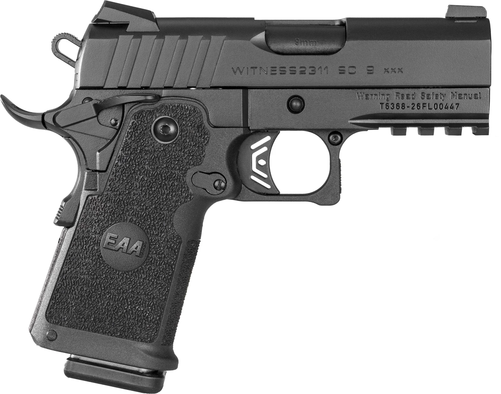 Left side profile of the EAA Girsan Witness2311 SC9 XXX in black Cerakote showing the hinged grip safety, the 4-slot accessory rail, and the slide marked WITNESS2311 SC 9 XXX