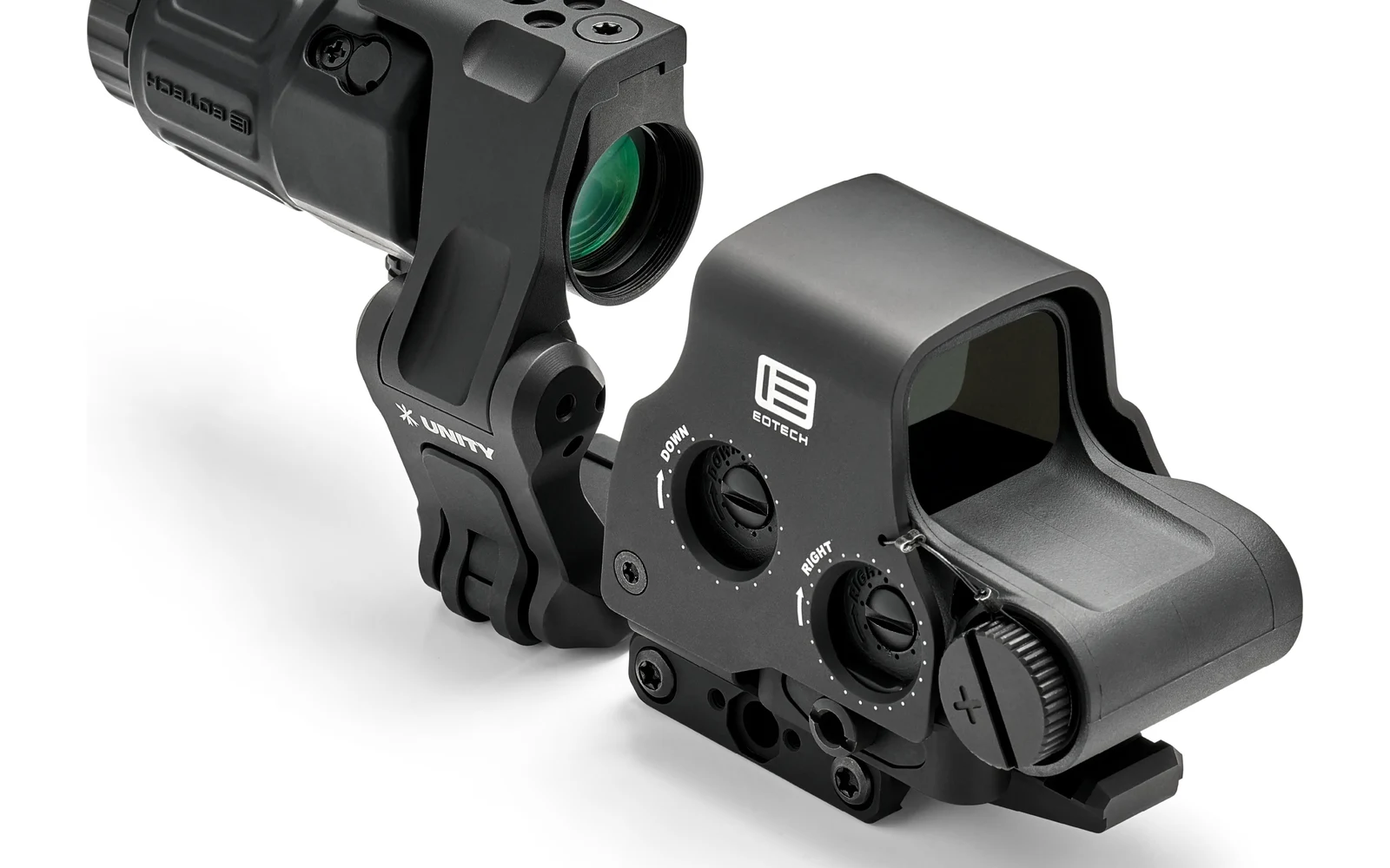 EOTech HHS UNITY I from the front right, showing the G33 magnifier pivoted down out of the sight line on the Unity FAST FTC OMNI mount beside the EXPS3-0 windage and elevation turrets