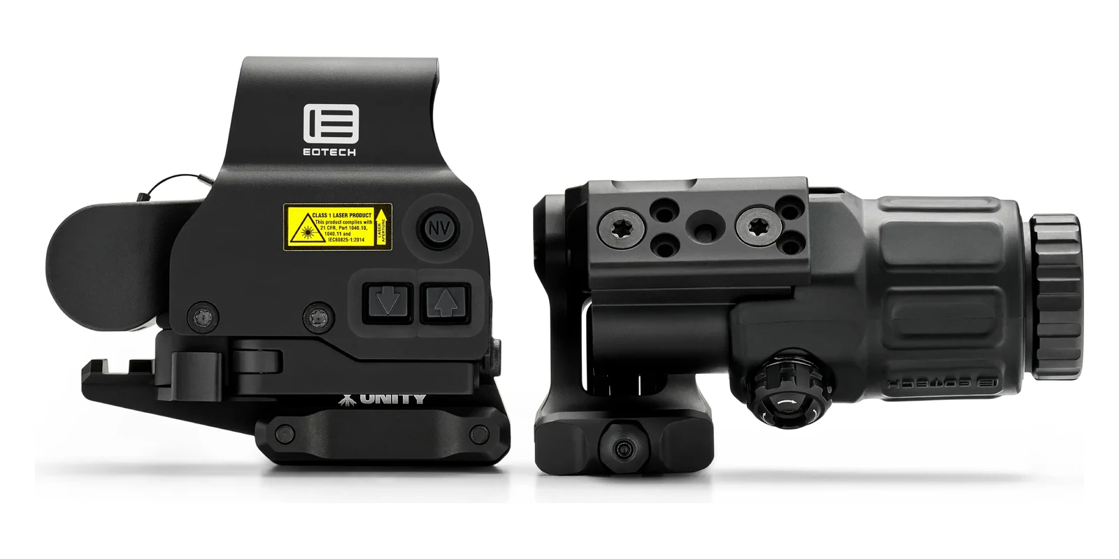 EOTech HHS UNITY I left side profile in black with the G33 magnifier dropped below the EXPS3-0 sight line on the Unity FAST FTC OMNI mount
