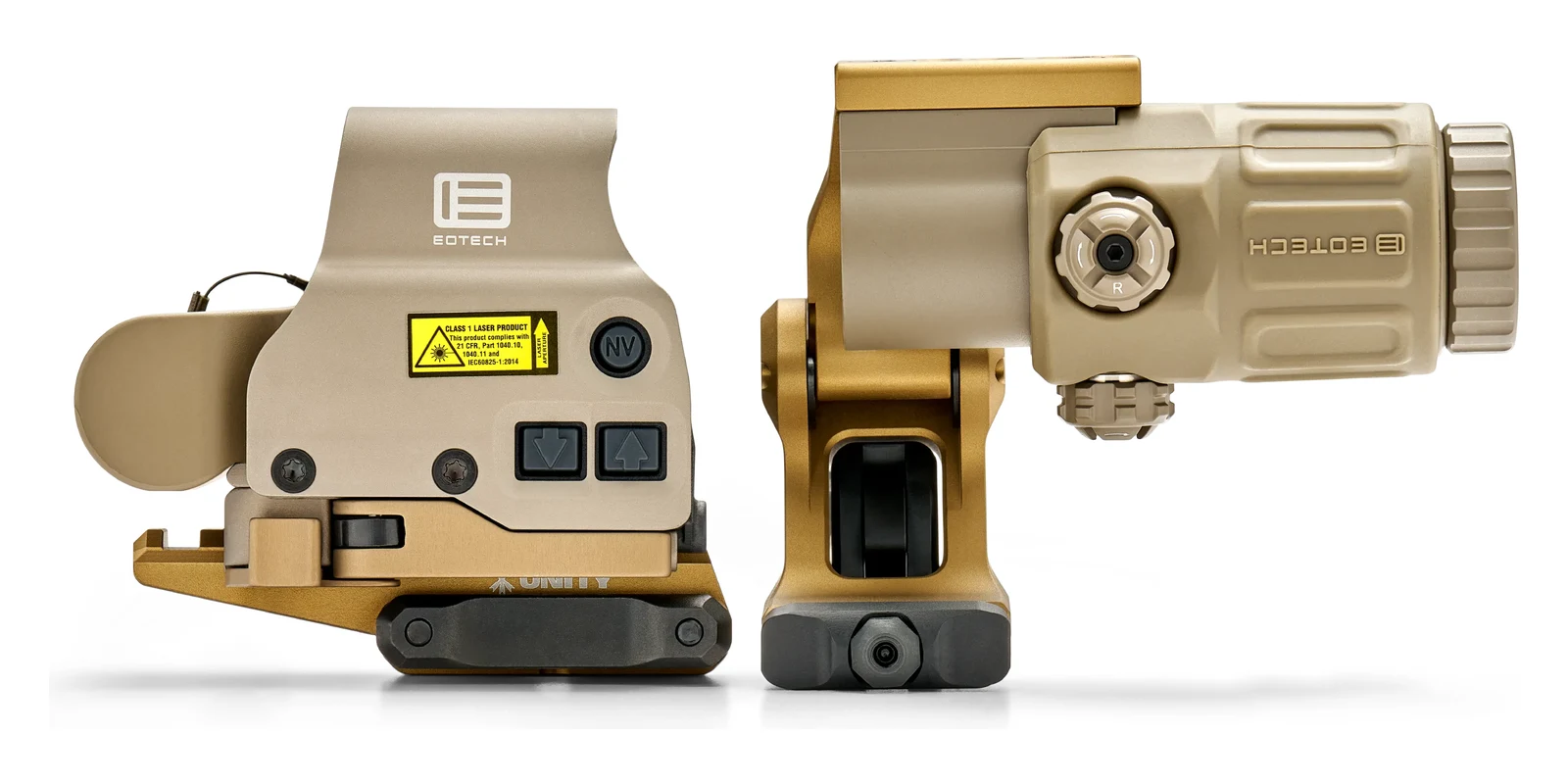 EOTech HHS UNITY I in tan, left side profile, showing the tan EXPS3-0 and G33 on gold-anodized Unity FAST Optic Riser and FAST FTC OMNI mount