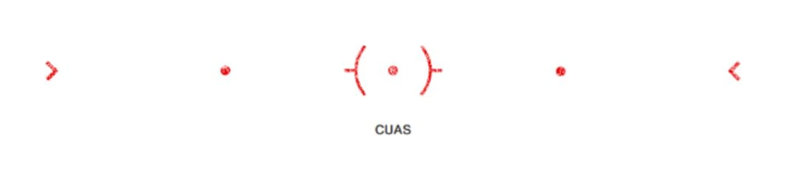 EOTech CUAS holographic reticle showing a center aiming dot with fractured outer circles, two inner lead dots, and two outer chevrons, labeled CUAS