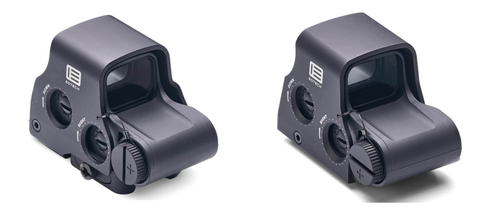 EOTech EXPS3 and XPS3 holographic weapon sight bodies shown side by side in three-quarter view, showing the EXPS3 quick-detach lever and the XPS3 crossbolt base