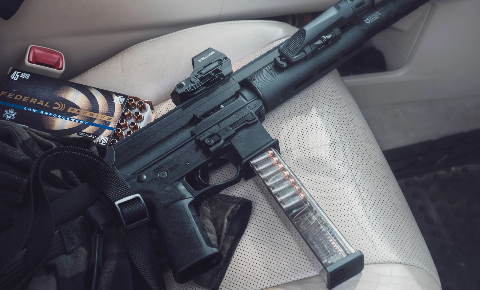 Extar EP45 .45 ACP large format pistol showing threaded barrel and M-LOK handguard
