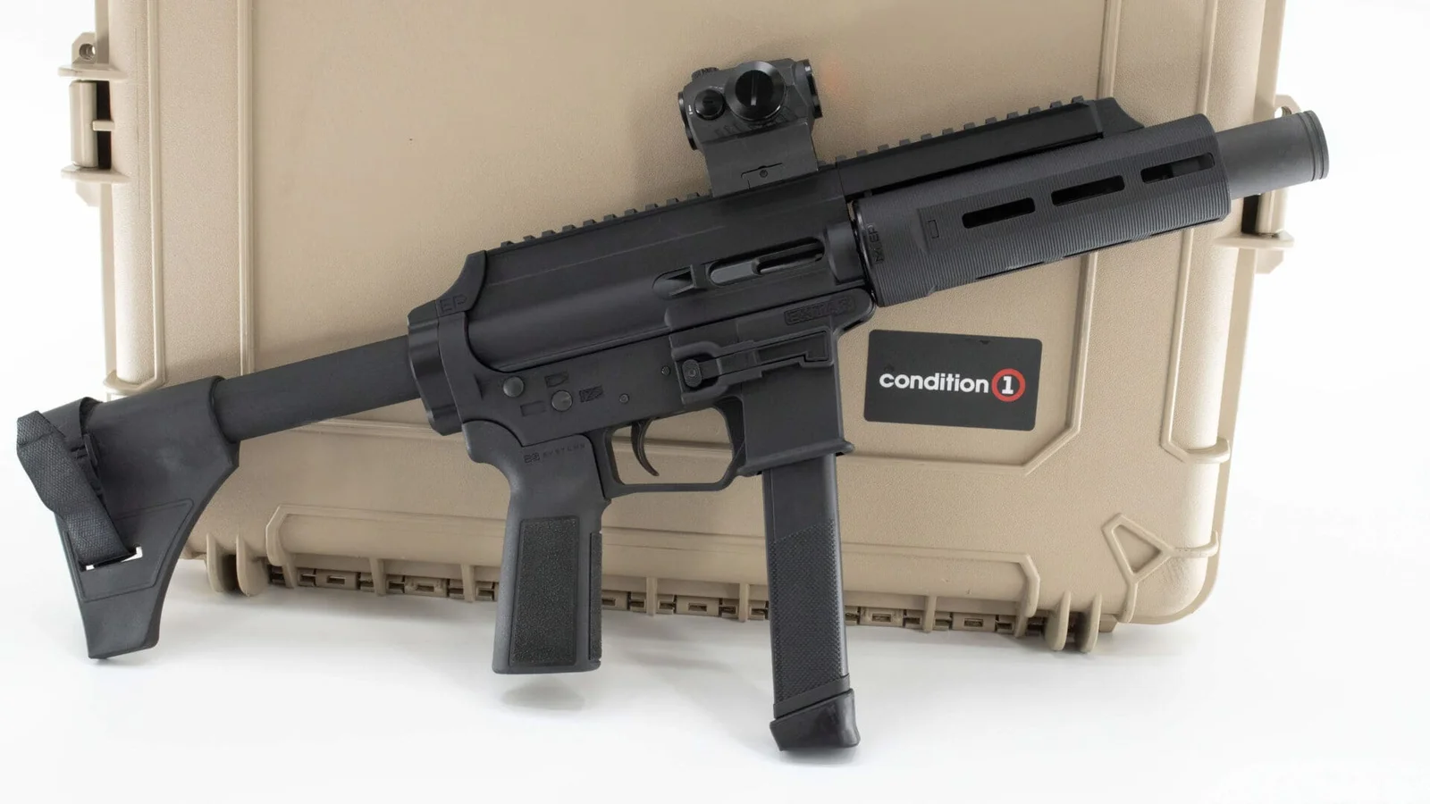 Extar EP9 9mm large format pistol left-side profile showing the polymer receiver, M-LOK handguard, Picatinny top rail, and threaded muzzle